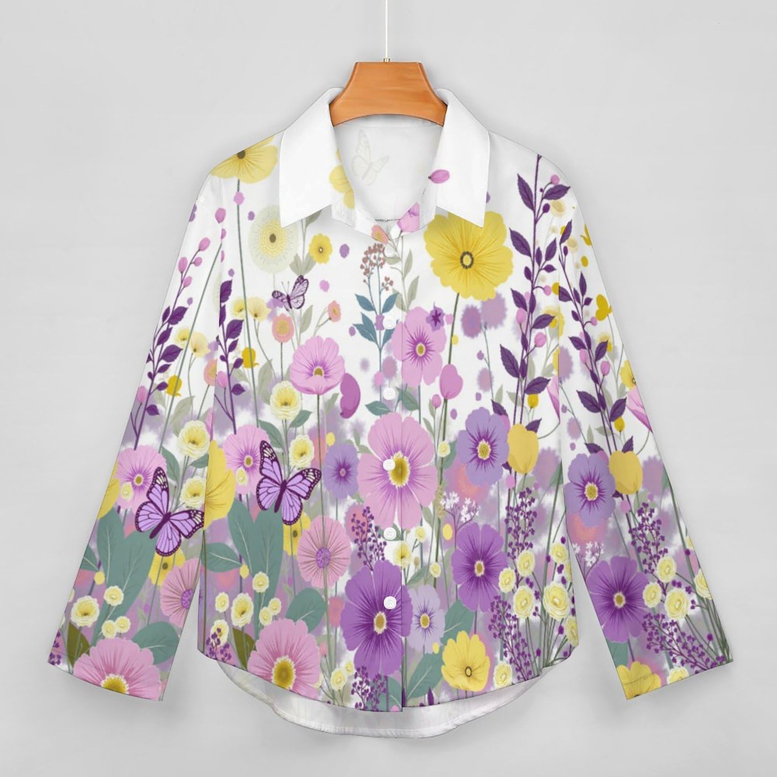 Camicia a Donna Manica Lunga Fiori Selvatici Farfalle Blusa Moda