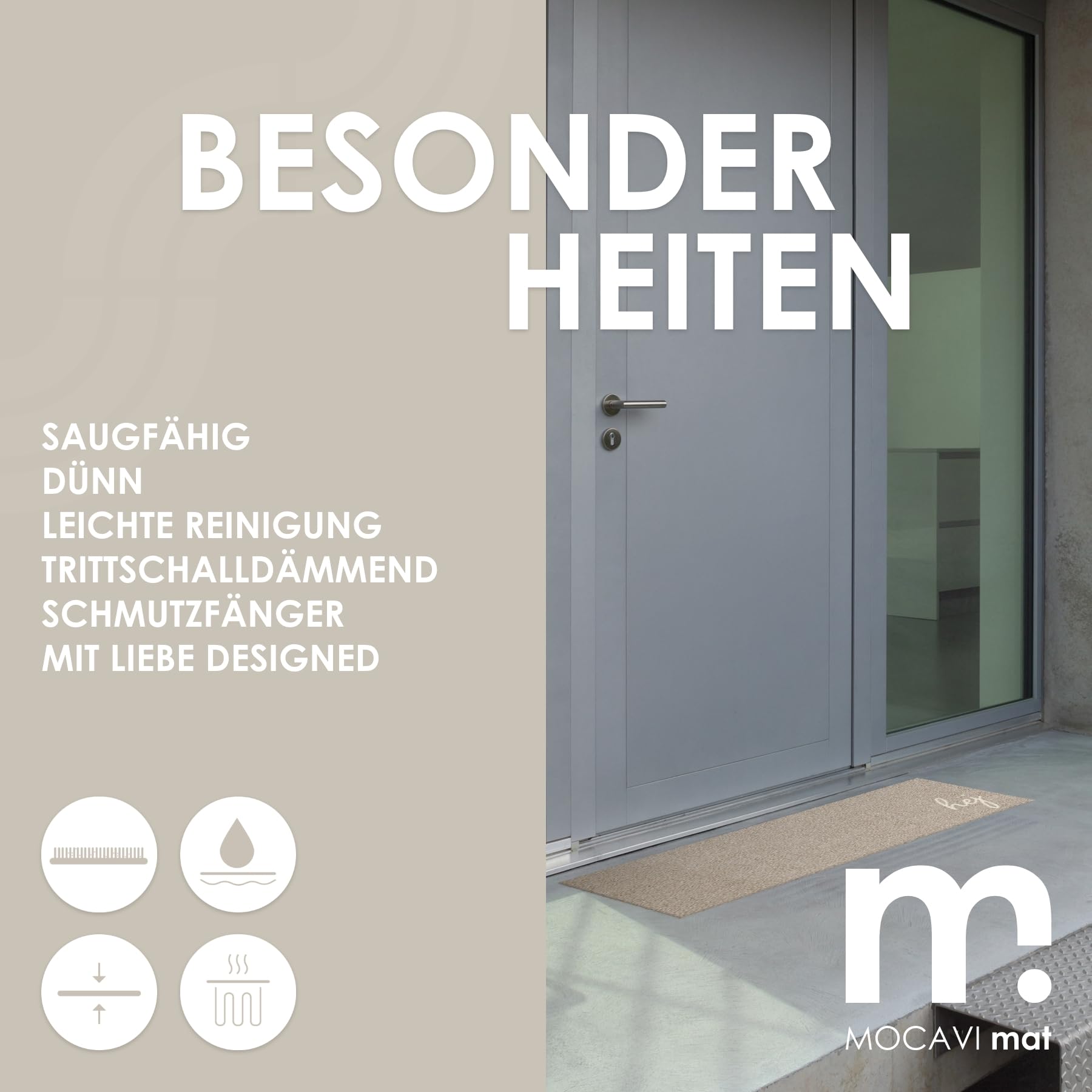 MOCAVI Mat Fußmatte Schuhparkplatz 30x100 cm waschbar beige Hej Scandi Schuh-Teppich lang, schmal, Schuhe ausziehen, Deko Eingangsbereich innen, außen, Matte, Haustür, Stiefelmatte