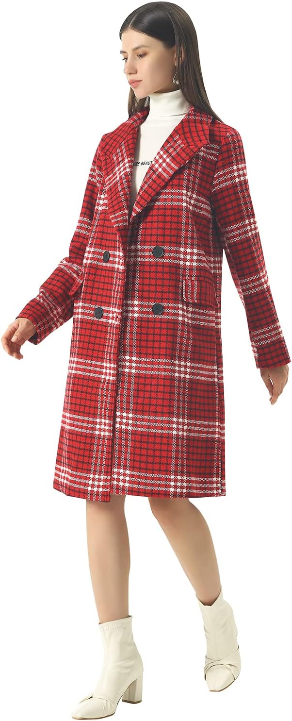 CHARTOU Women's Winter Oversize Lapel Collar Woolen Plaid Double Breasted Long Peacoat Jacket - Image 2