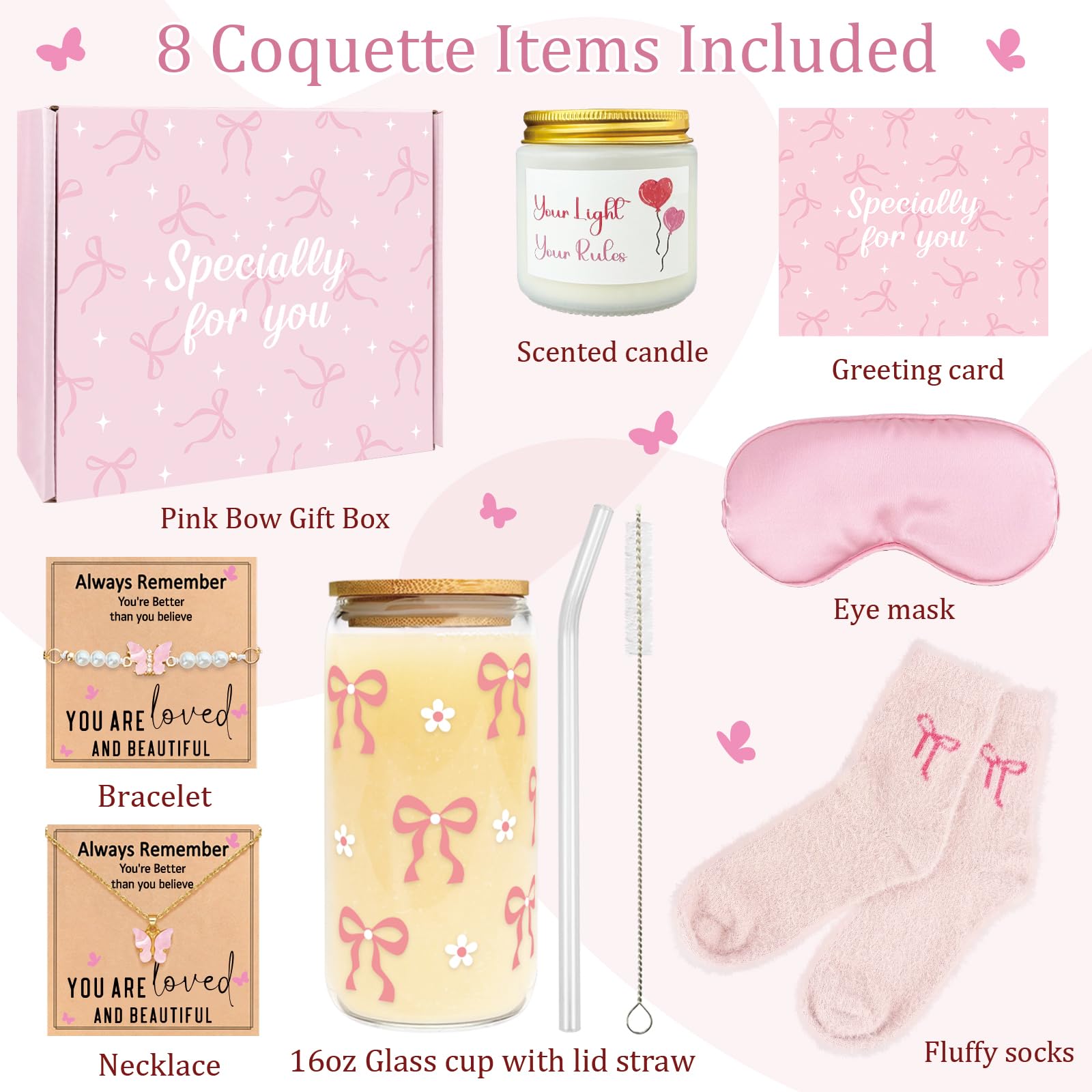 Pink Gifts for Women - 8PCS Pink Bow Gift Set for Her - Coquette Birthday Basket for Friends - Aesthetic Bow Accessories Set for Valentine's Day - Girly Stuff for Galentines