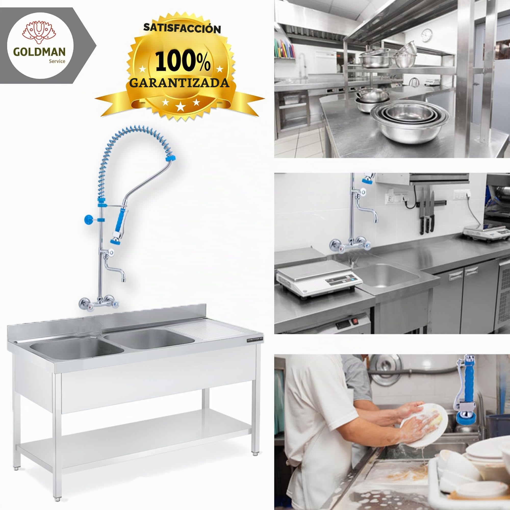 GOLDMAN SERVICE Grifo Pomo Industrial Hostelería de Pared Extensible para Fregadero Lavabo de Cocina con Spray Ducha