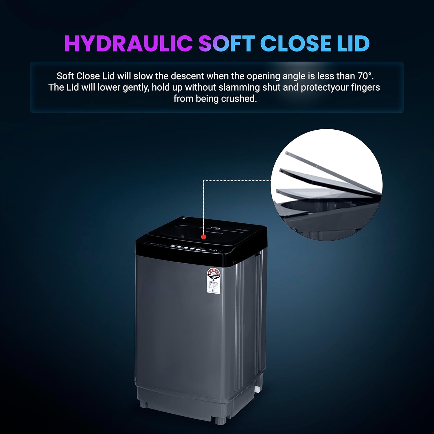 Diagram illustrating the hydraulic soft close lid mechanism of the washing machine.