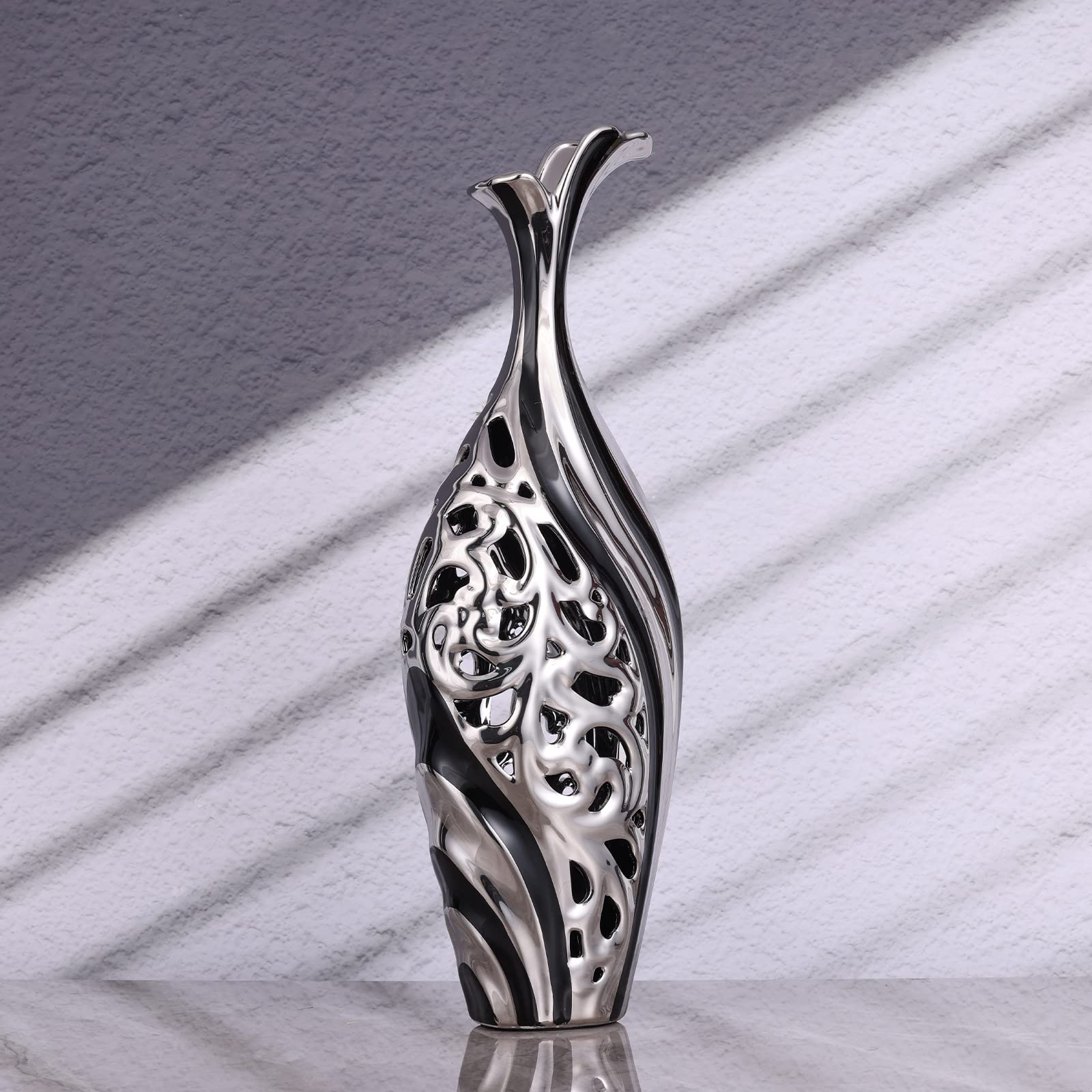 LCCCK Jarrón Alto Decorativo de Piso de 50 cm de Altura, Moderno Jarrón Grande de Piso Negro y Plateado, Decoración Premium para Bodas, Jarrón de Flores Individuales para Hierba de Las Pampas