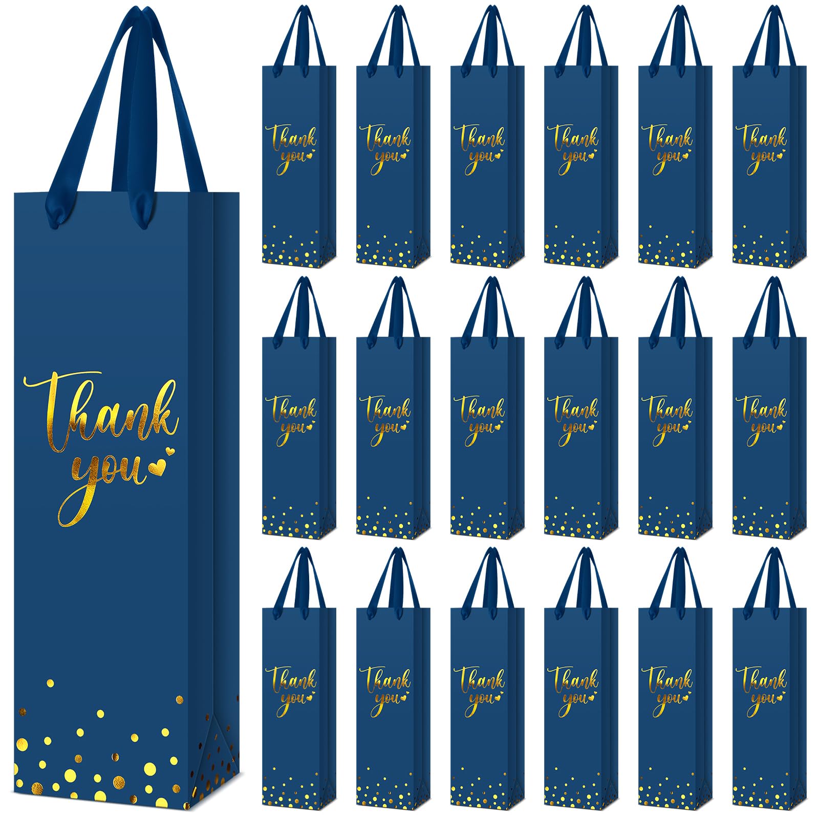 Ctosree 30 Pcs Wine Gift Bag for Wine Bottle Wedding Wine Thank You Gift Bag with Metallic Gold Foil Print Kraft Wine Paper Favor Bag with Attractive Rope Handle for Graduation Bottle(Business Blue)