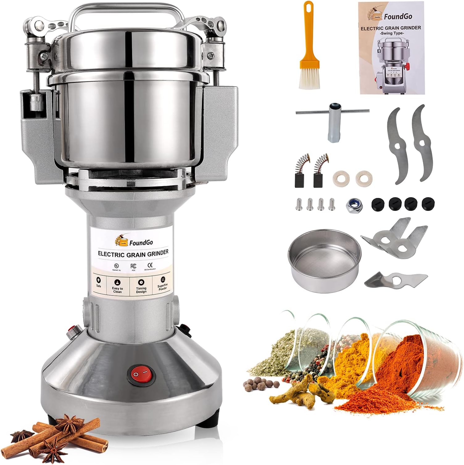 FoundGo 150g Grain Mill Electric Grinder Cereals Pulverizer Spice Grinding Powder Machine Corn Flour Grinders for Dry Spices Seeds Herbs Grains Coffee Rice Pepper, Commercial Grade