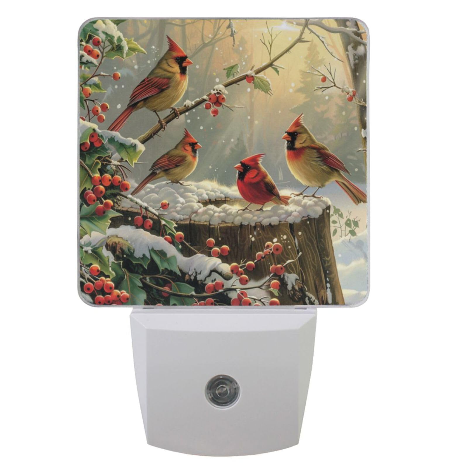 Vdsrup Winter Cardinal Birds Night Light Set of 2 Holly Berry Branches Snow Plug-in LED Nightlights Christmas Decorations Auto Dusk-to-Dawn Sensor Lamp for Bedroom Bathroom Kitchen Hallway Stairs
