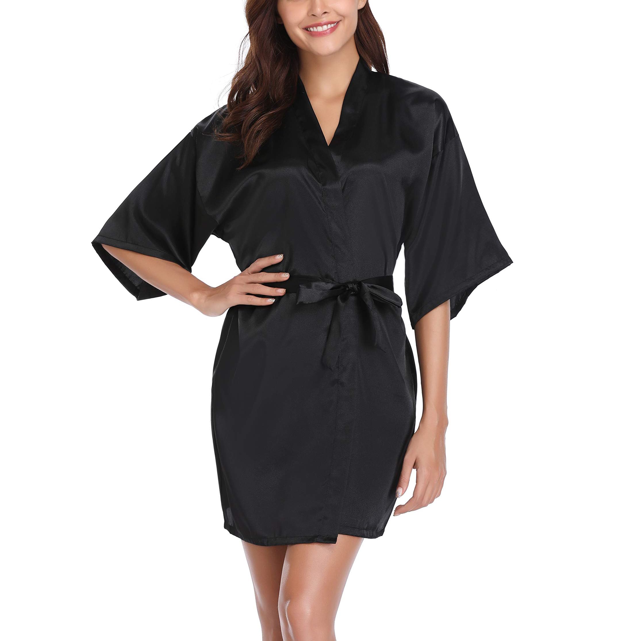 ROSVAJFY Mujer Kimono Bata Corto de Satén, Kimono Vestido Seda Sexy Cuello en V con Cinturón Bata Elegante de Dama de Honor Novia Ropa Dormir Albornoz Camisón Suave Comodo