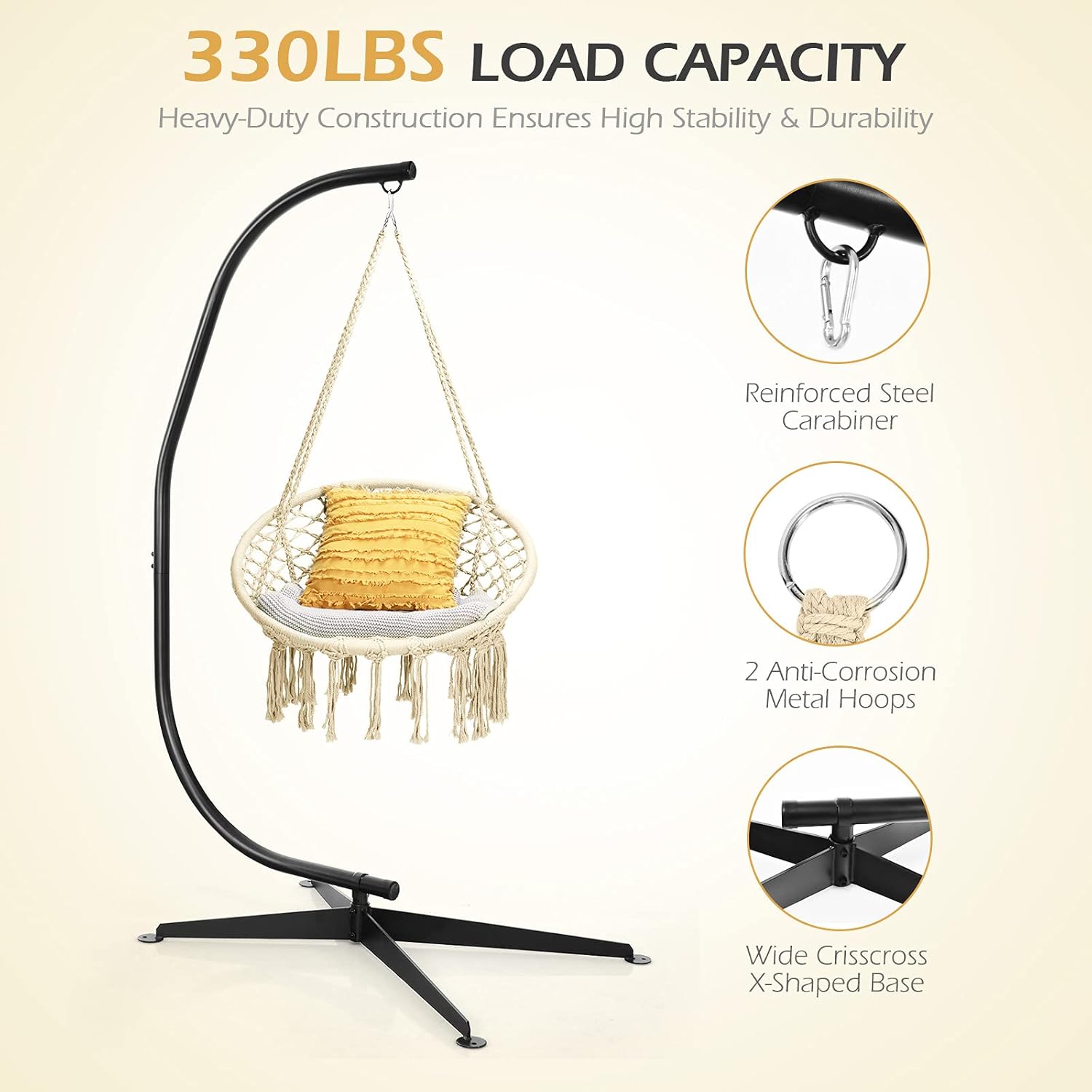 Giantex Hammock Chair with Stand, Solid Steel Heavy Duty C Stand with Macrame Hanging Chair, Handwoven Tassels Swing Chair Include Hammock Stand for Indoor Outdoor Use (Beige)