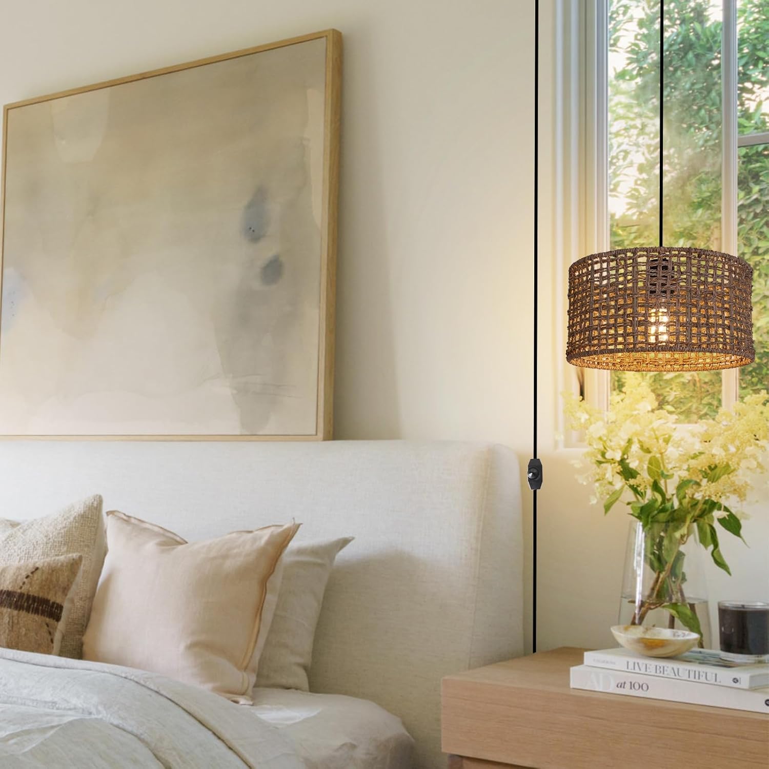 HuisMier Plug in Pendant Light with Hand Woven Rattan Lampshade, Dimmable Hanging Lamp with 15 FT Plug in Cord, Boho Pendant Light Fixture for Bedroom Kitchen Island Dinning Table