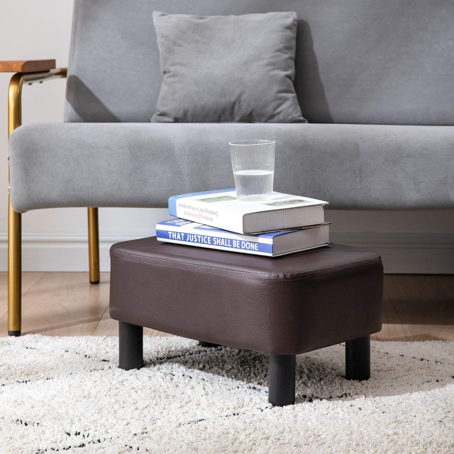 IBUYKE 16.54" Small Footstool, PU Faux Leather Step Stool, with Padded Seat Pine Wood Legs and Padded Rectangular Stool, for Living Room Bedroom, Brown RF-BD209