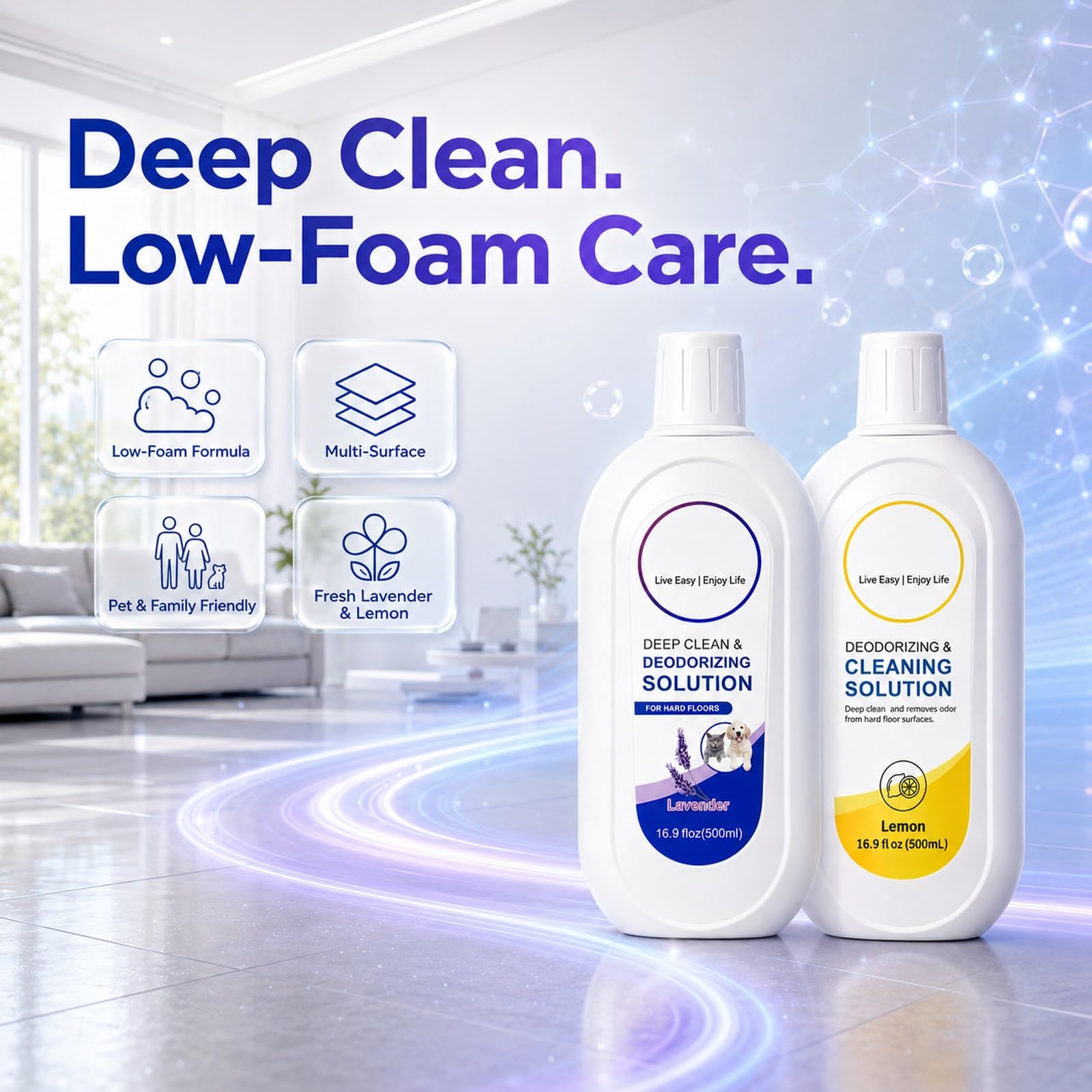 Detergente per Pavimenti Compatibile con Tineco FLOOR ONE, 2 L | 2 Lavanda + 2 Limone, 4 x 500 ml; formula a bassa schiuma, asciugatura rapida e senza aloni su pavimenti duri sigillati