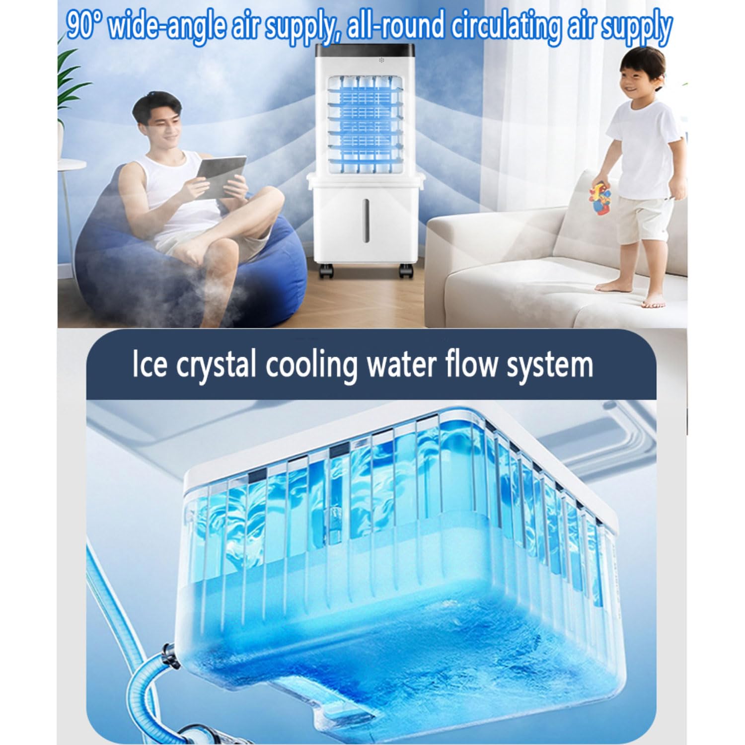 Ventola di raffreddamento ad aria evaporativa con 3 velocità e oscillazione, timer 7,5 ore, raffreddamento silenzioso 40 dB, ruote a basso consumo energetico per casa, ufficio, camera da letto