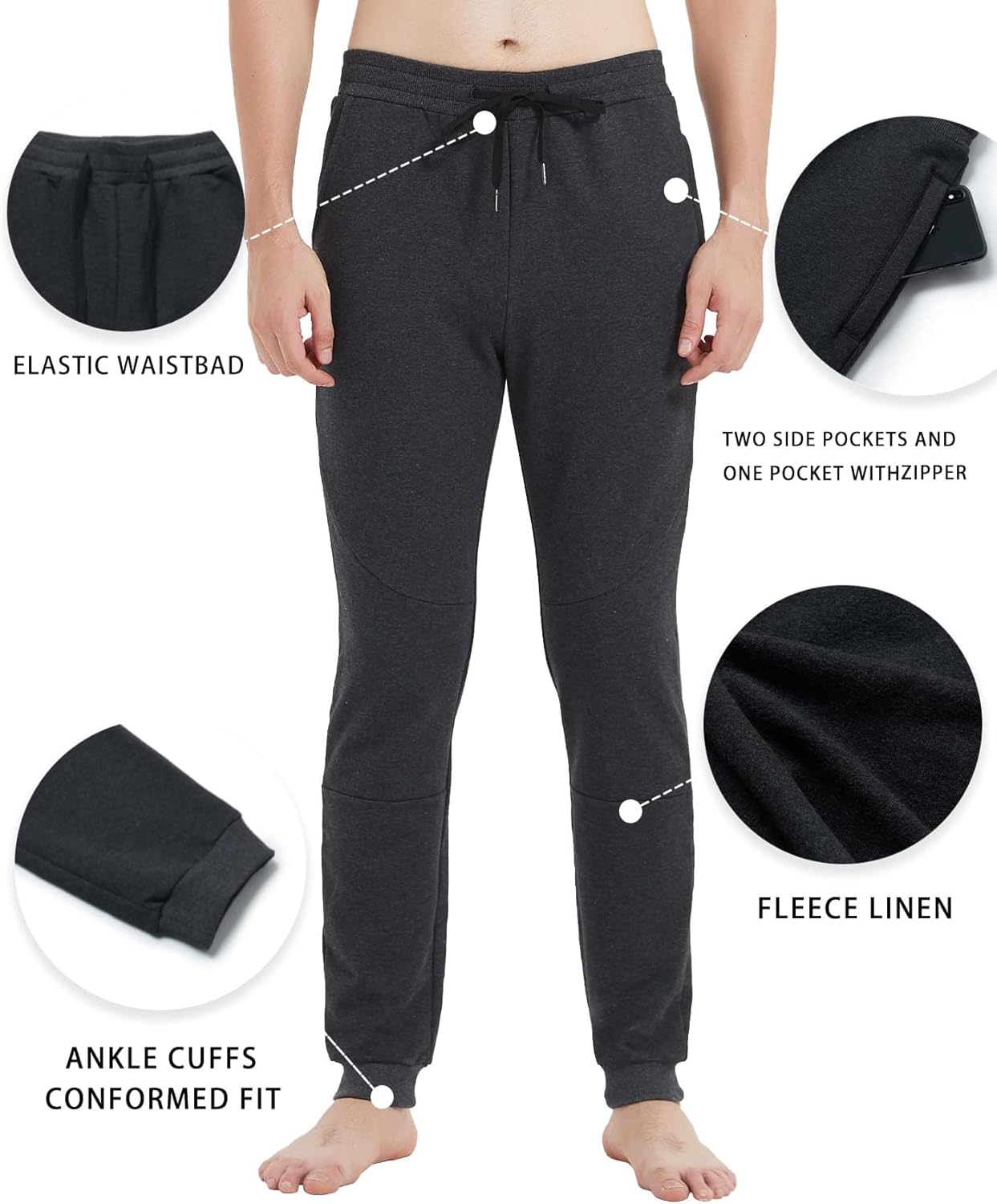 Idtswch 34/36/38/40 Long Inseam Mens Tall Sweatpants Fleece-Line Extra Long Joggers Pant with Zip Pockets - Image 3