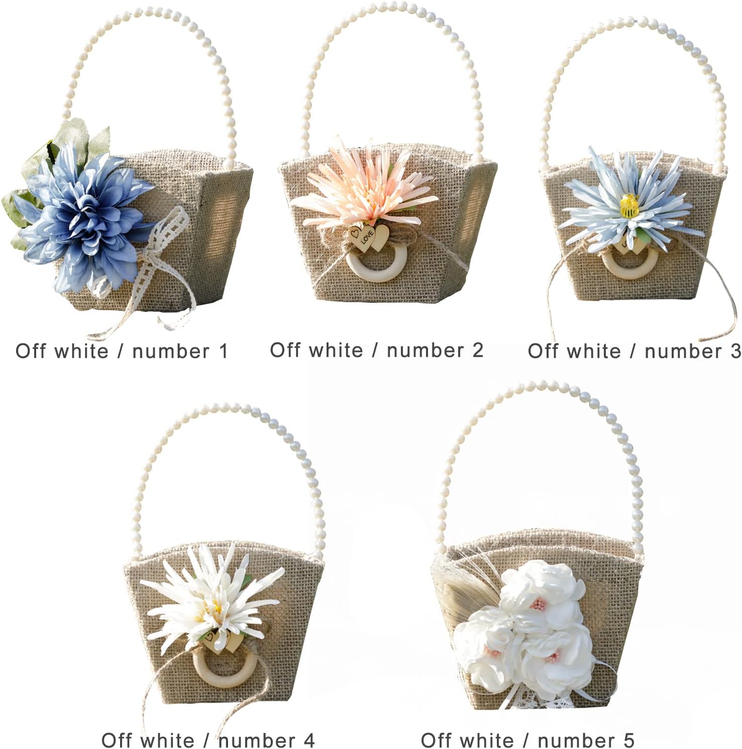 2 Pack Small Burlap Wedding Flower Girl Basket, Rustic Jute Flower Basket with Pearl Handle and Flower, Candy Gift Basket for Wedding Ceremony, Brown, 22 x 14 x 10 cm/8.7 x 5.5 x 3.9 inch