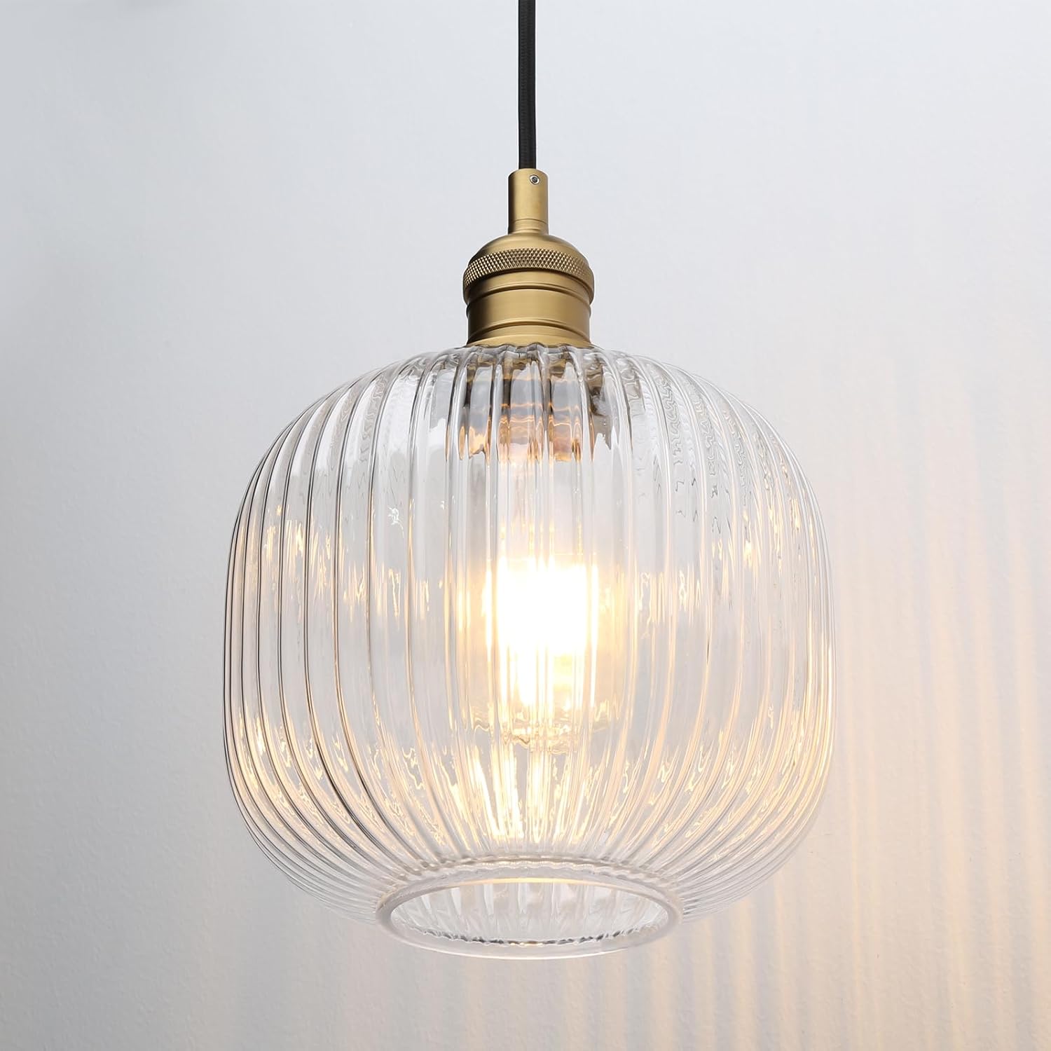 Pathson Modern Pendant Light Fixture Striped Globe Glass, Adjustable Textile Cord Hanging Lighting, Hardwired Pendant Lamp Decor for Dining Room Hotels Living Room Bedroom Kitchen