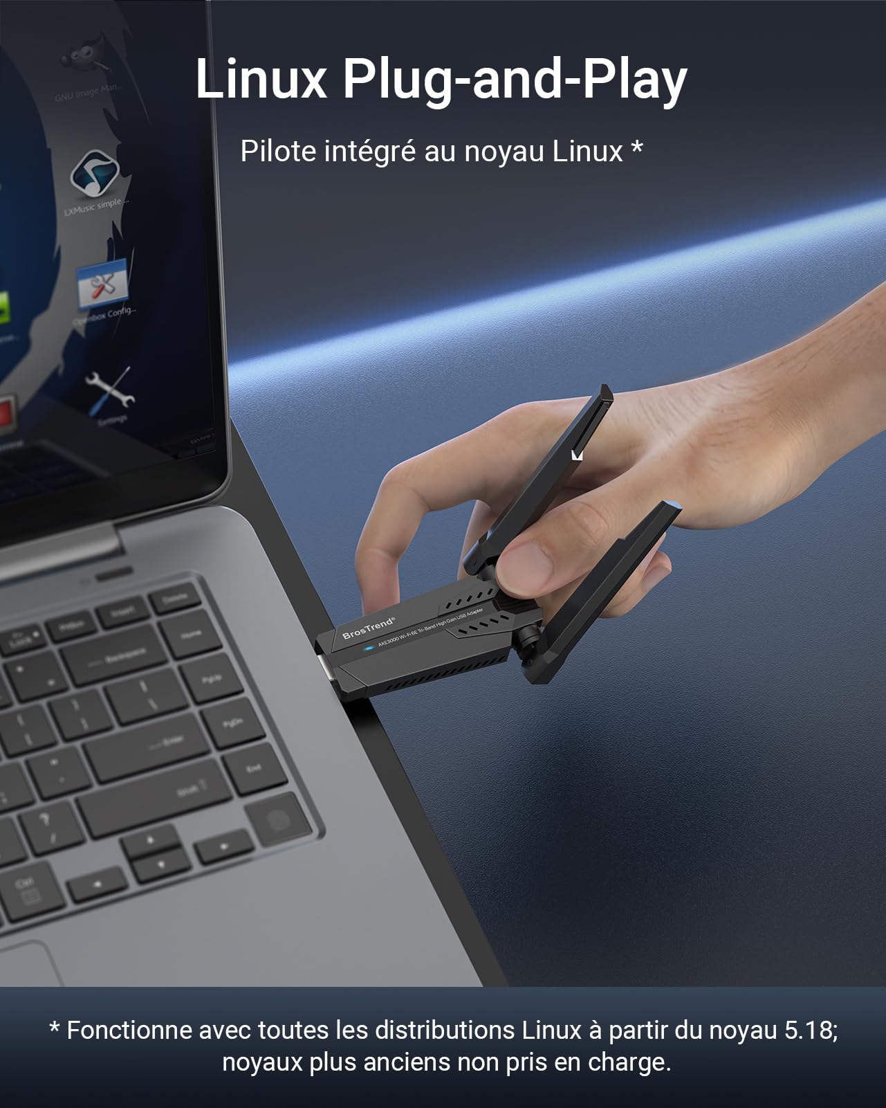 BrosTrend AXE3000 Clé WiFi Linux USB 6E Tri-Band 6GHz/5GHz/2.4GHz USB3.0 WPA3