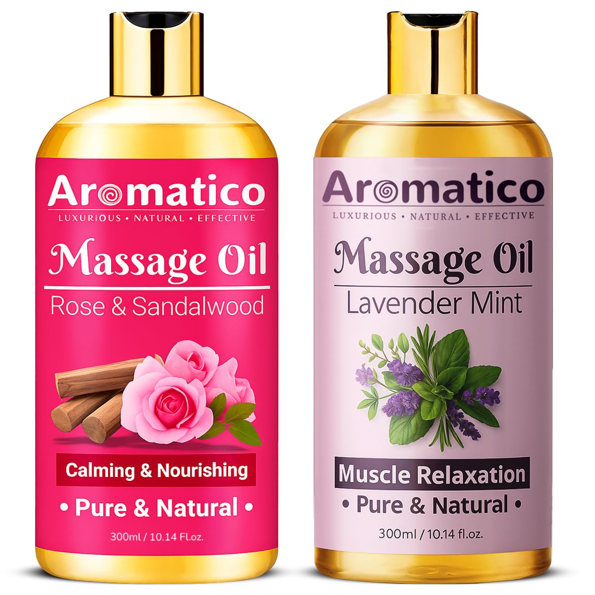 AROMATICO Rose Sandalwood & Lavender Mint Massage Oils Pack of 2. For Mood Upliftment, Soothing Aroma, Muscle Relaxation & Skin Nourishment, 100% Natural, Non-Sticky - 300ml