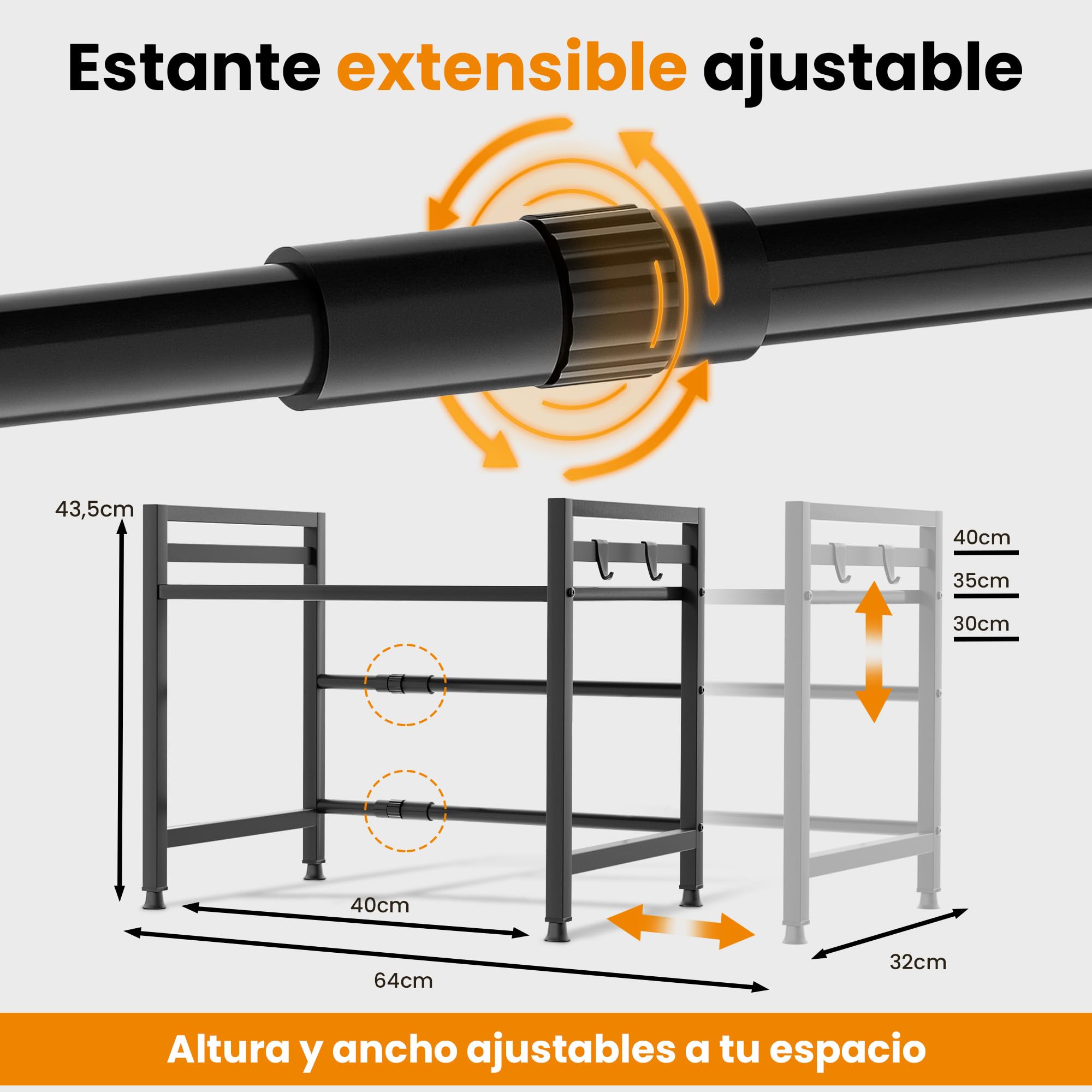 Heldenwunder Estantería Microondas Estantes Cocina Acero (2 Niveles) | Mueble Microondas Horno Estanterias Almacenaje Organizador Estante Panadería Ajustable + Instrucciones en Vídeo, Ganchos – Negro