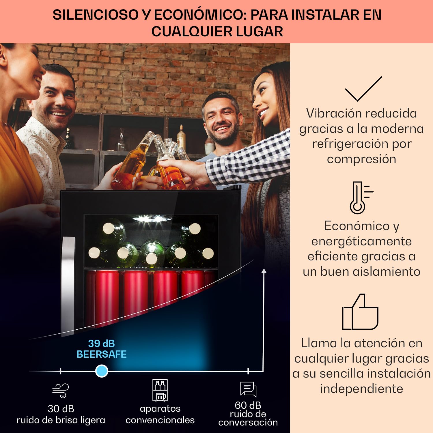 Nevera Klarstein 70L, Minifrigorífico silencioso con estantes extraíbles, puerta de cristal y LED, Apta para exteriores, 0-10°C