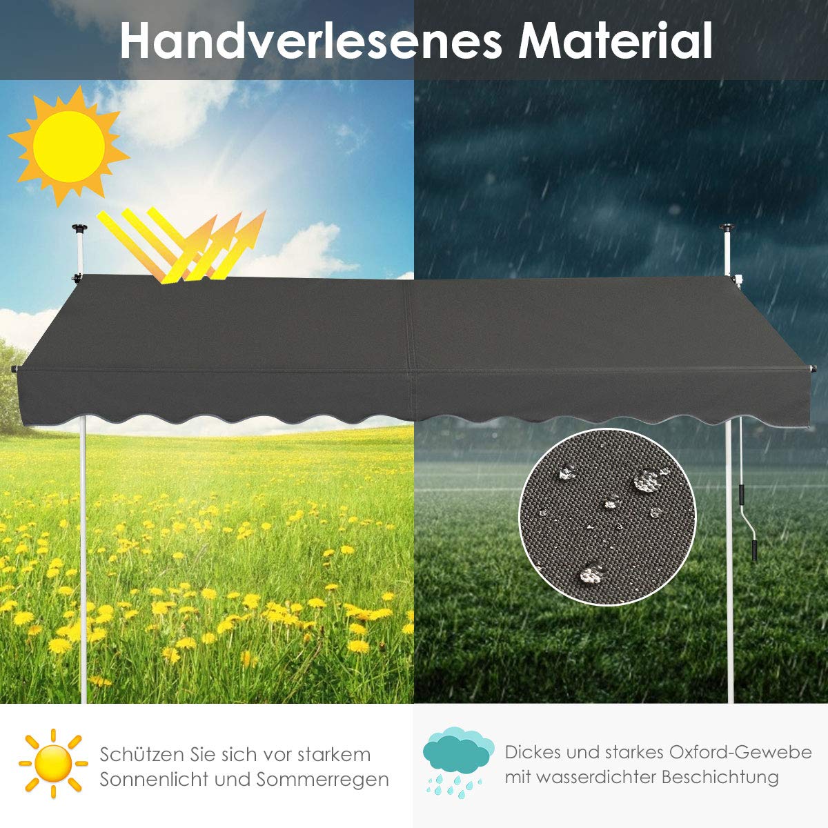 COSTWAY Klemmmarkise 300 cm breit, Balkonmarkise ohne Bohren, UV-beständig, höhenverstellbar, wasserabweisend, Markise mit Handkurbel, Sonnenmarkise, Sonnenschutz für Balkon, Grau
