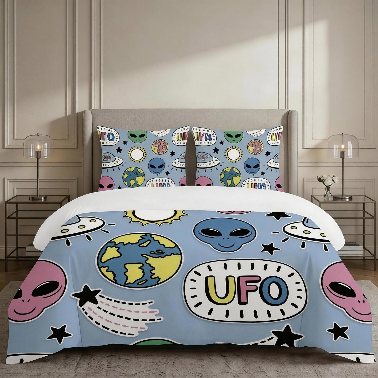 Housse de couette 140x190 anti-plis imprimé extraterrestre facile à laver