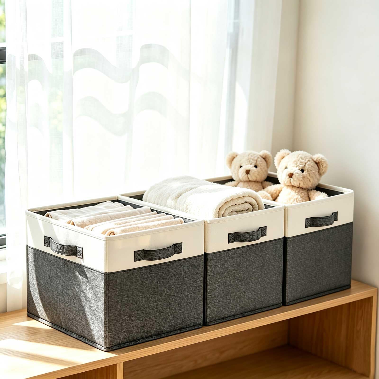 GhvyenntteS Aufbewahrungskörbe [3er Pack] Große faltbare für Regale, stabile Stoffwürfel-Aufbewahrungsboxen mit 3 Griffen Schrank, Kinderzimmer, Wohnzimmer (grau, 38,1 x 27,9 24,4 cm)