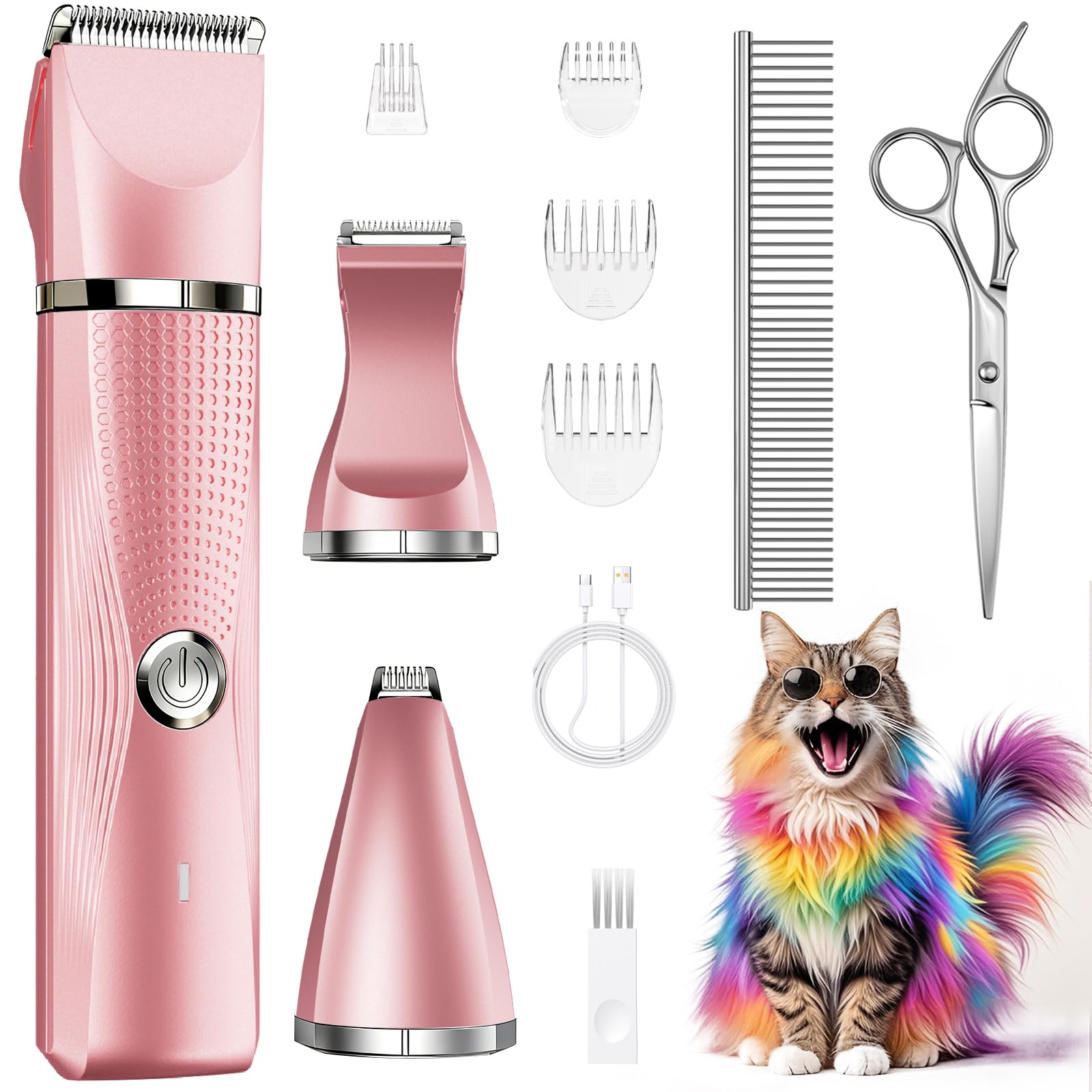 Cat Grooming Clippers Kit with Paw Trimmer, 3 in 1 Electric Pet Hair Trimmer Supplies for Thick Matted Hair, Heavy Coat Butt Shaver Cat Razor Fur Trimmer for Dogs at Home (Pink)