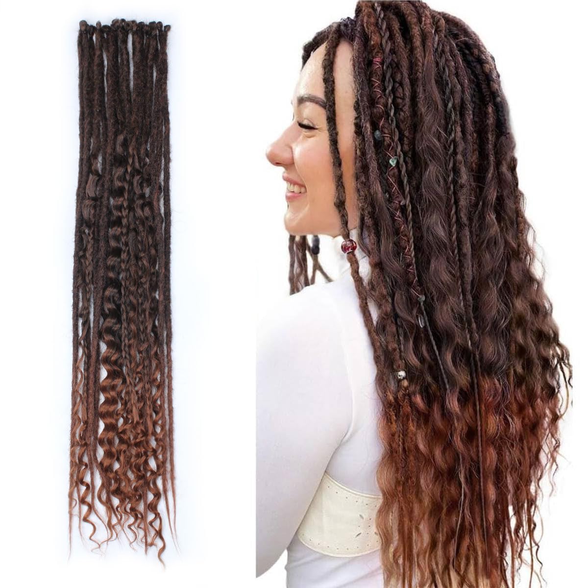 KRALER 24 Inch Mixed SE Dreadlock Extensions Sets, 3 in 1 20 Strands Synthetic Single Ended Dreads Extensions, Ombre Auburn Hippie Dreads Style for