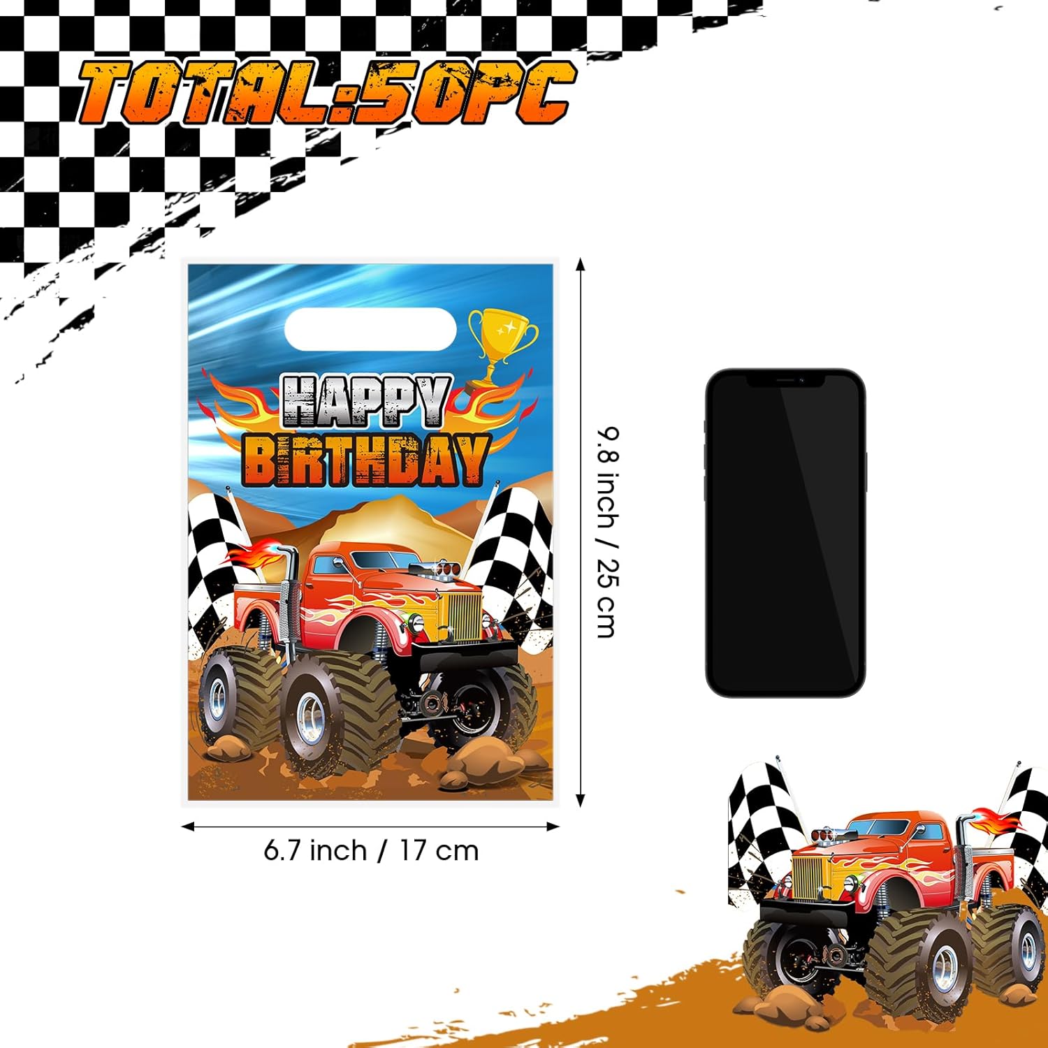 Seajan 50 Pieces Monster Truck Party Favor Bags Racing Car Candy Goody Treat Plastic Gift Bags with Handles for Monster Truck Birthday Party Decorations Supplies - Image 2