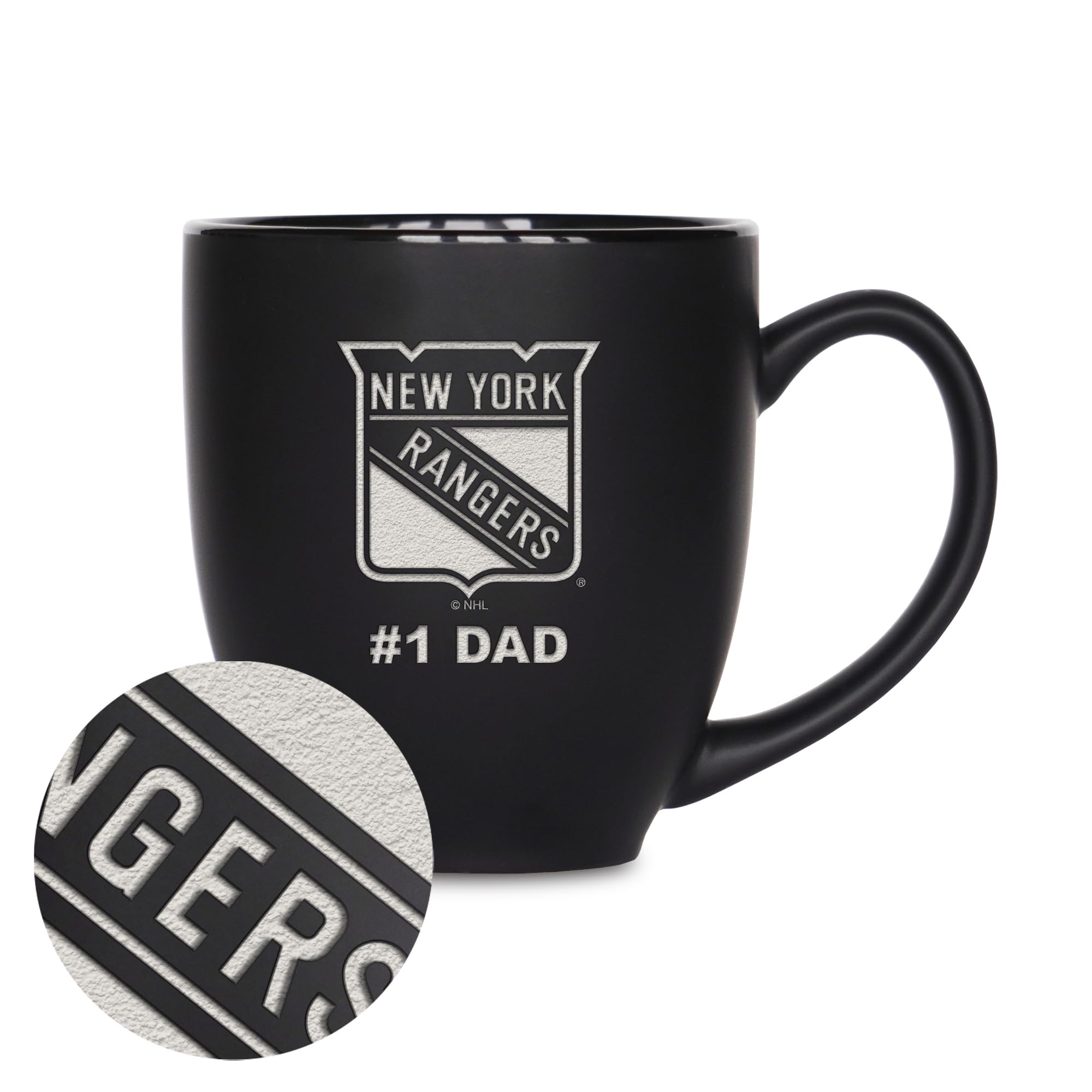 Rico Industries NHL Hockey New York Rangers #1 Dad 15oz Laser Engraved Matte Black Ceramic Bistro Mug - for Hot or Cold Drinks
