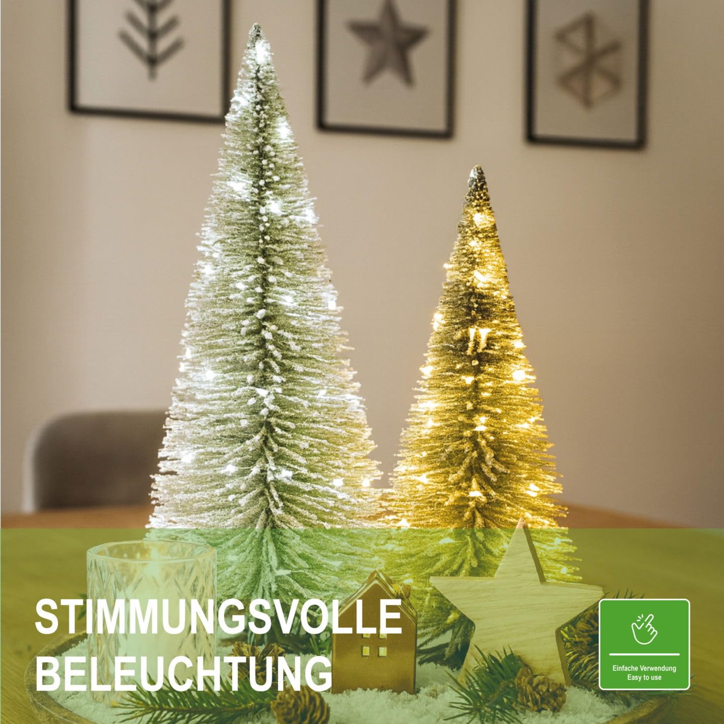 modellnatur Mini Weihnachtsbaum 4er-Set 15-30 cm mit Beleuchtung | Tischdeko für Weihnachten & Advent | Handgefertigt natürliche Winteroptik | Künstlicher Weihnachtsbaum - warmweißes Licht