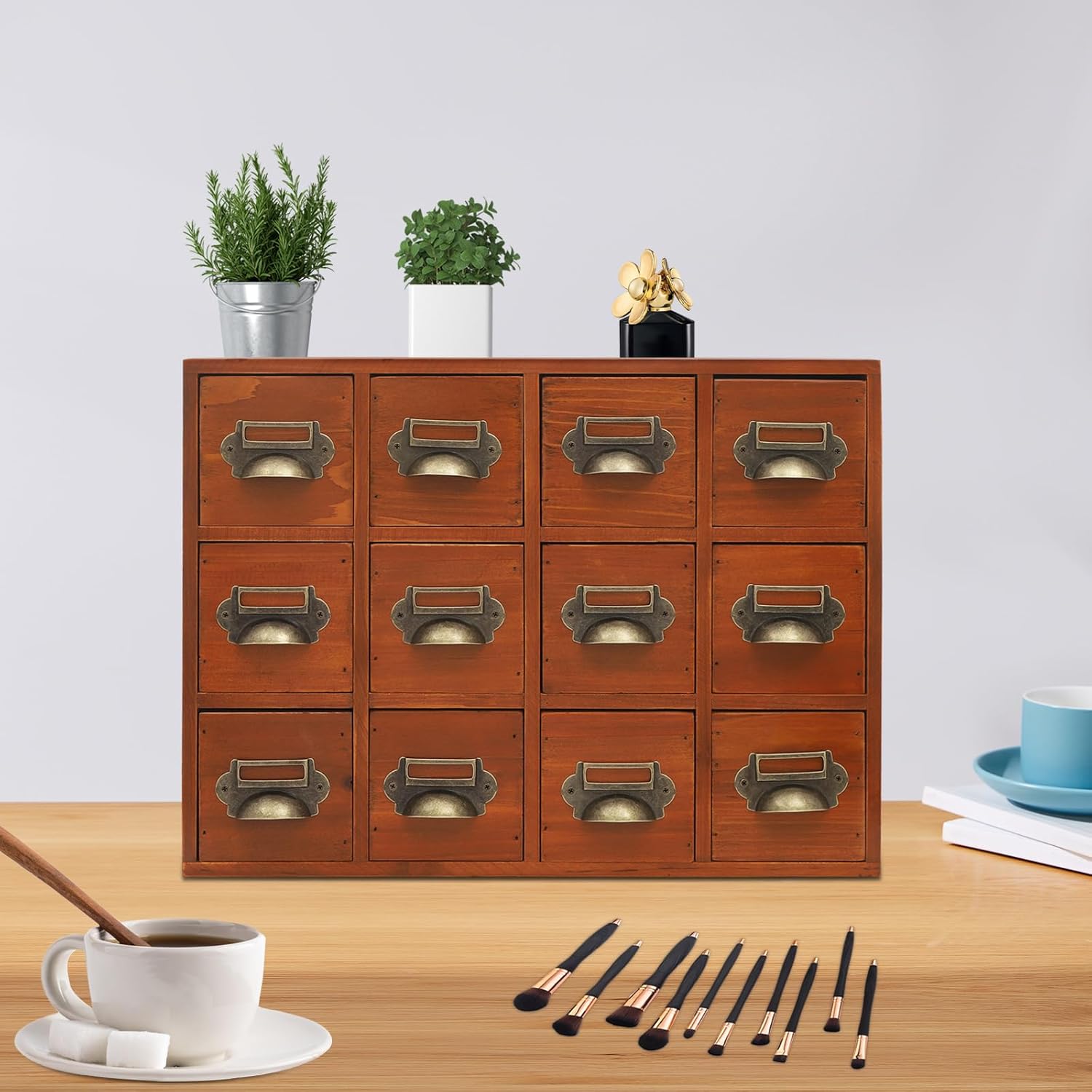 12 Drawer Drawers Storage Cabinet, Wooden Medicine Cabinet Desktop Drawer Organizer Herb Storage Box with Solid Wood Build & No Assembly for organize spices medicines jewelry cosmetics(Brown)