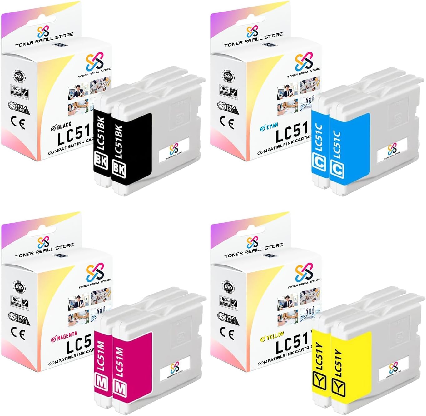 12 Pack Compatible Brother LC51 (LC-51) Ink Cartridges for The Brother DCP-130c, DCP-330c, DCP-350c, FAX-1360C, IntelliFax-2580C, MFC-230C, MFC-240C, MFC-5460CN, MFC-5860CN, MFC-885CW.