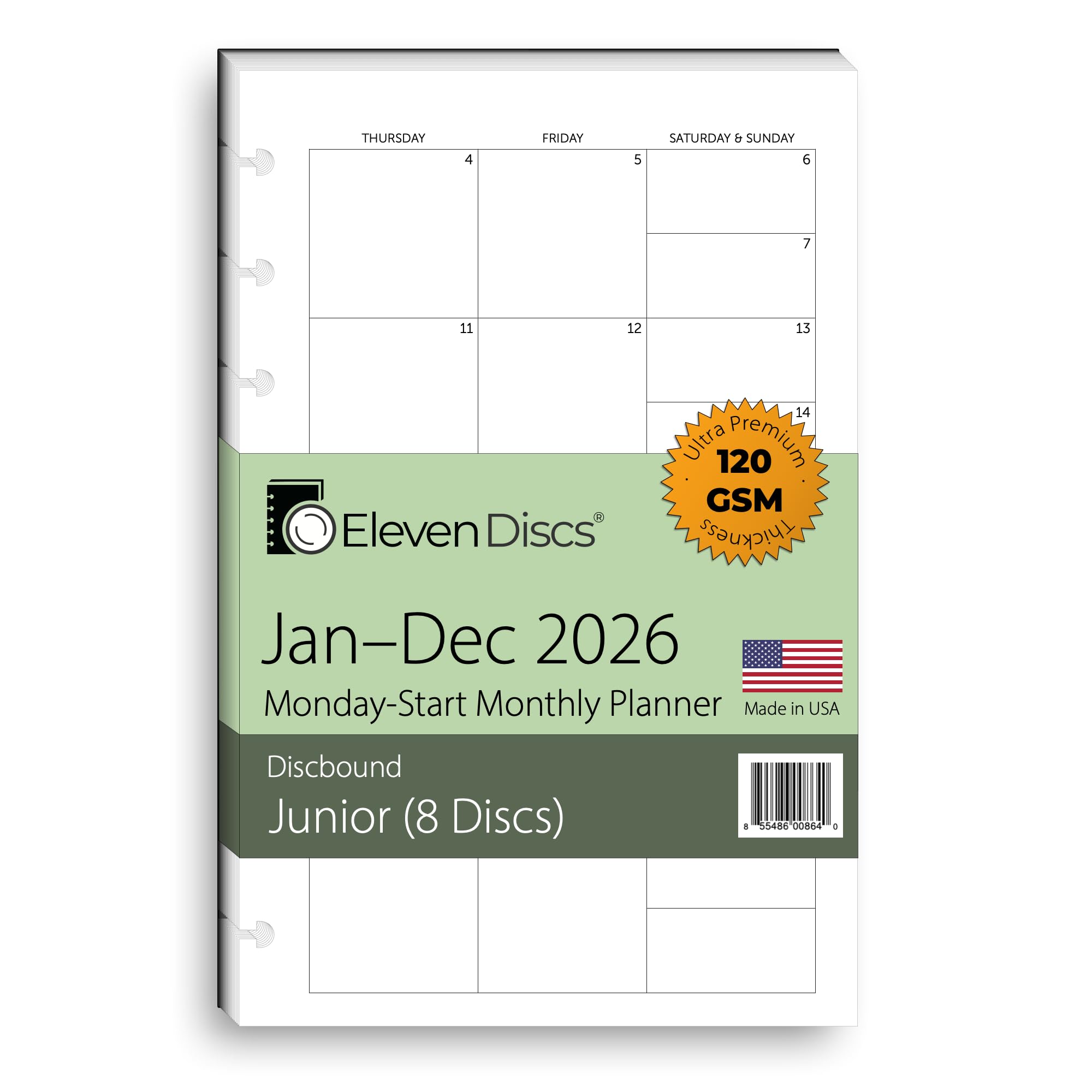Eleven Discs Monthly Calendar Refill 2026 (Jan-Dec), 8-Disc, Monday Start, Junior 5.5 x 8.5, Fits Circa Arc & TUL, 120gsm Discbound Inserts, 2 Styles: Separated & Booklet, 40 Sheets — image 1