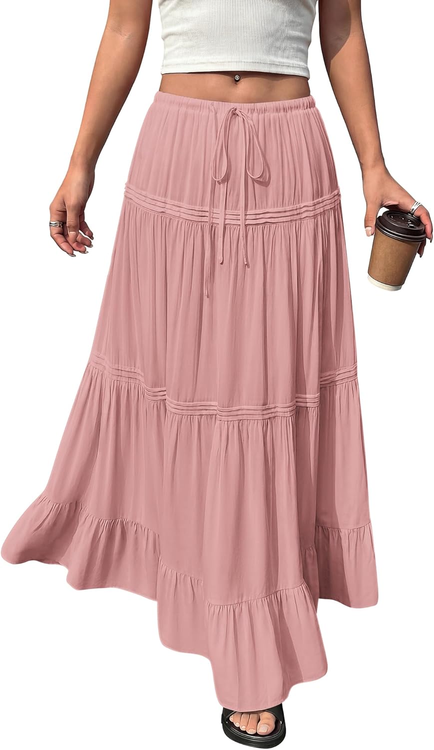 BTFBM Spring Skirts for Women 2026 Summer Boho Beach Vacation Clothes Casual Pleated High Waisted Flowy Maxi Skirt