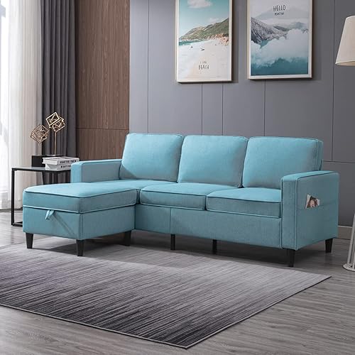 Modular L Shape Sofa with Storage Ottoman, Convertible Sectional Sofa Couch, Living Room Sets 3-Seat Sectional Couches for Small Space Living Room/Bedroom/Office - Blue