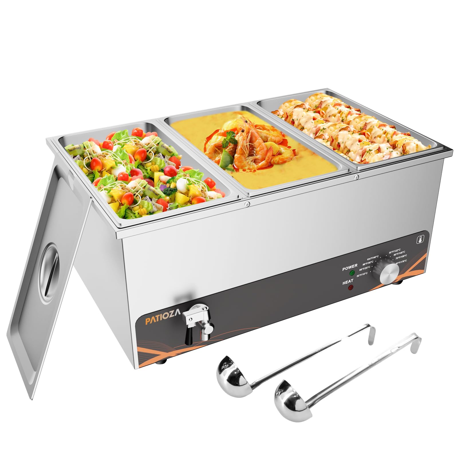 PATIOZA Commercial Food Warmer 3 Pan with Tap and Soup Spoon,1500W Stainless Steel Electric Bain Marie for Parties, Catering and Restaurants,Temperature Control 30-85°C