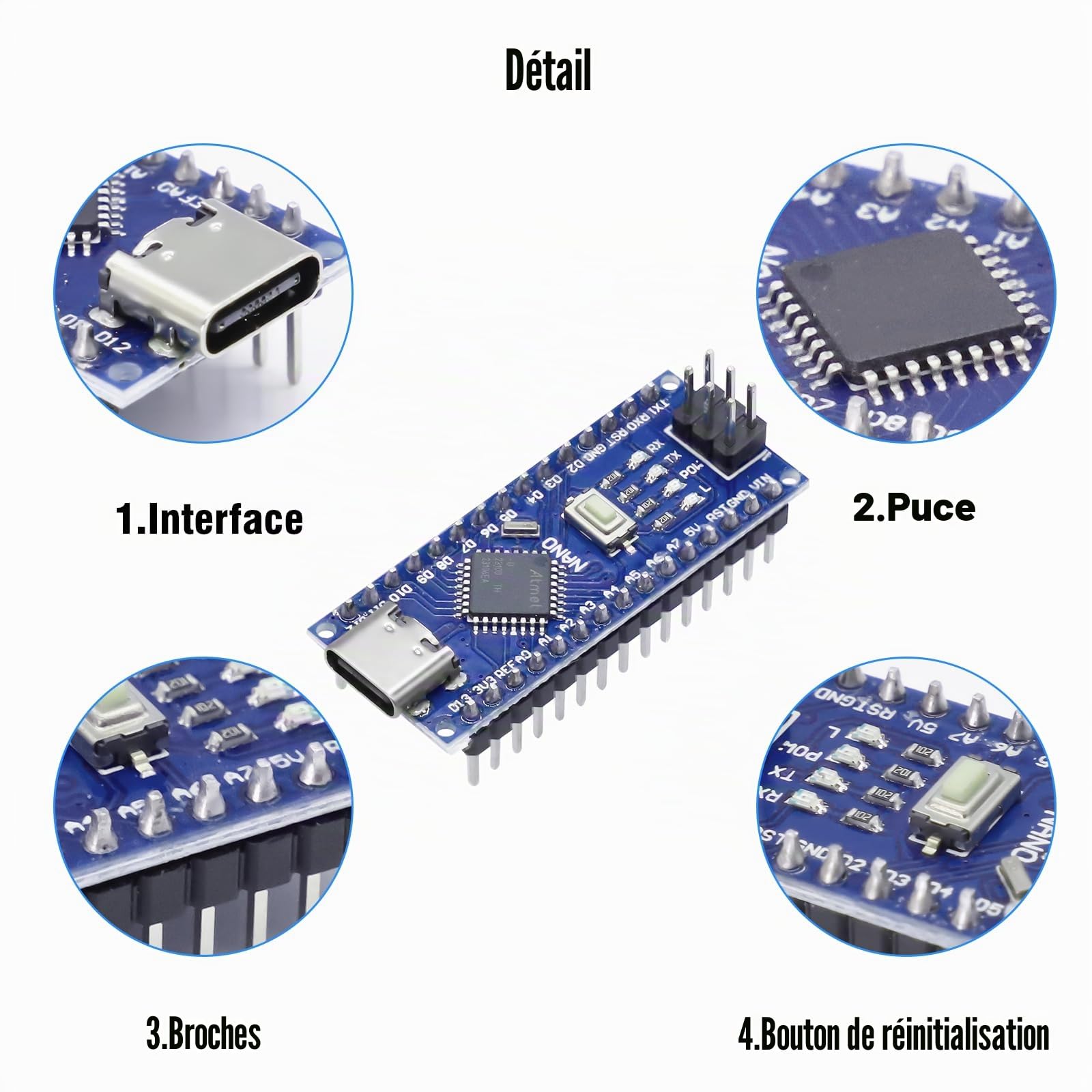 Nano Conseil de Développement avec câble Binghe 5 Pièce Nano Conseil de Développement avec Chip CH340 Type-C Interface 5V 16M 328P Microcontrôleur Compatible avec Arduino IDE