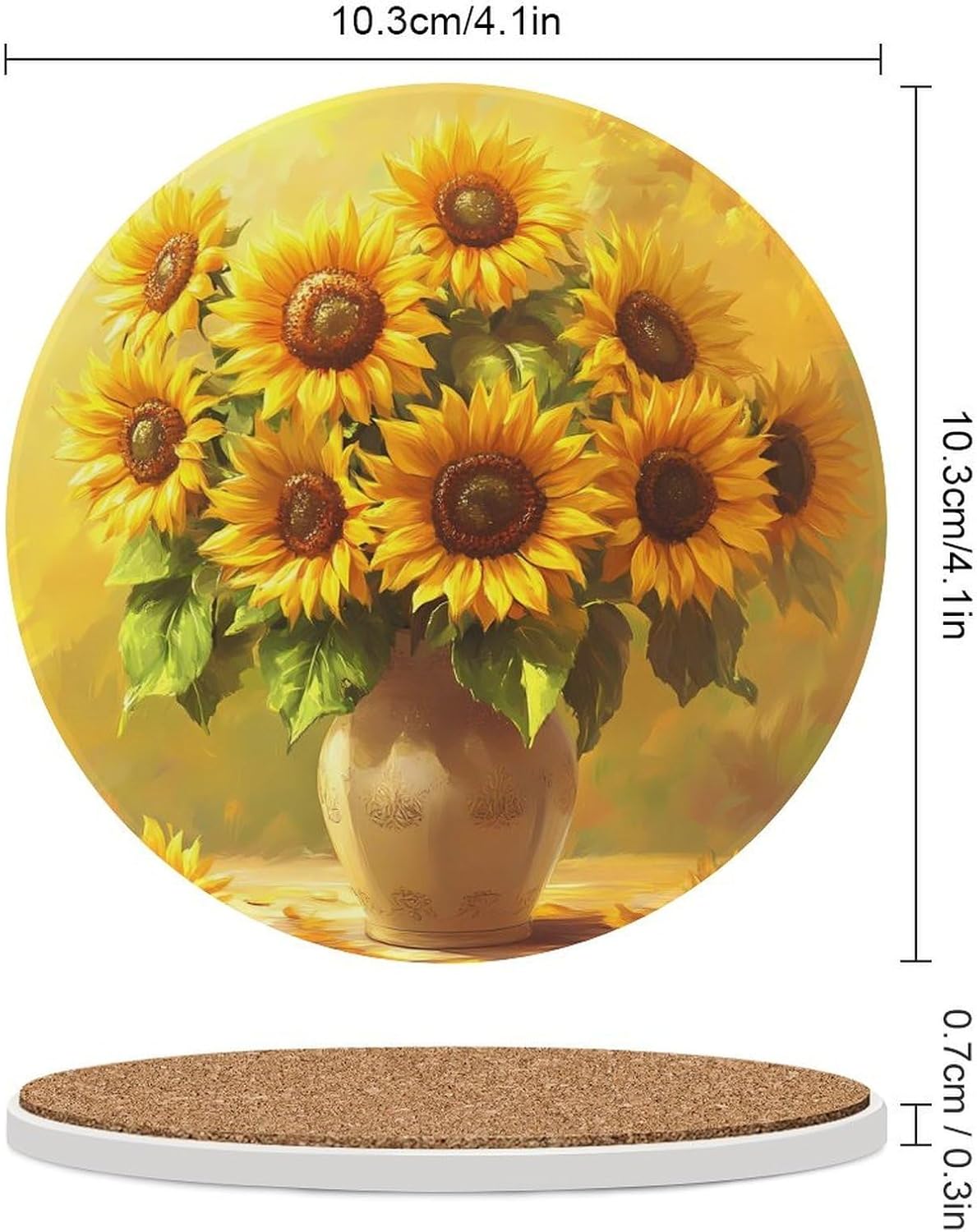 Beautifu Sunflowers Painting Round Ceramic Coasters Print Drinks Absorbent with Cork Base for Home Decor Gifts 4 Inch