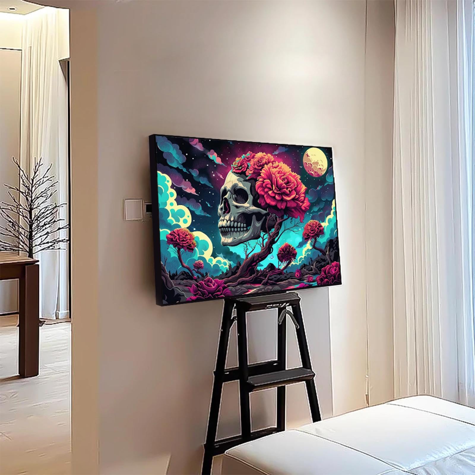 Via Vela dessin animé style anime impression sur toile art mural sauvage fantaisie ciel étoilé abstrait fleurs rouges crâne affiche image peinture oeuvre pour crèche décor 40x60cm avec-cadre-noir