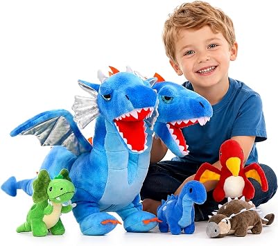 Tezituor Double Headed Dragon Stuffed Animal with Wings, 5 PCs Stuffed Dinosaur Plush Toys Set, 20 inch Mommy Dragon with 4 Baby Dinosaurs Plushies Inside,Dino for Girl Boys Kids, Blue