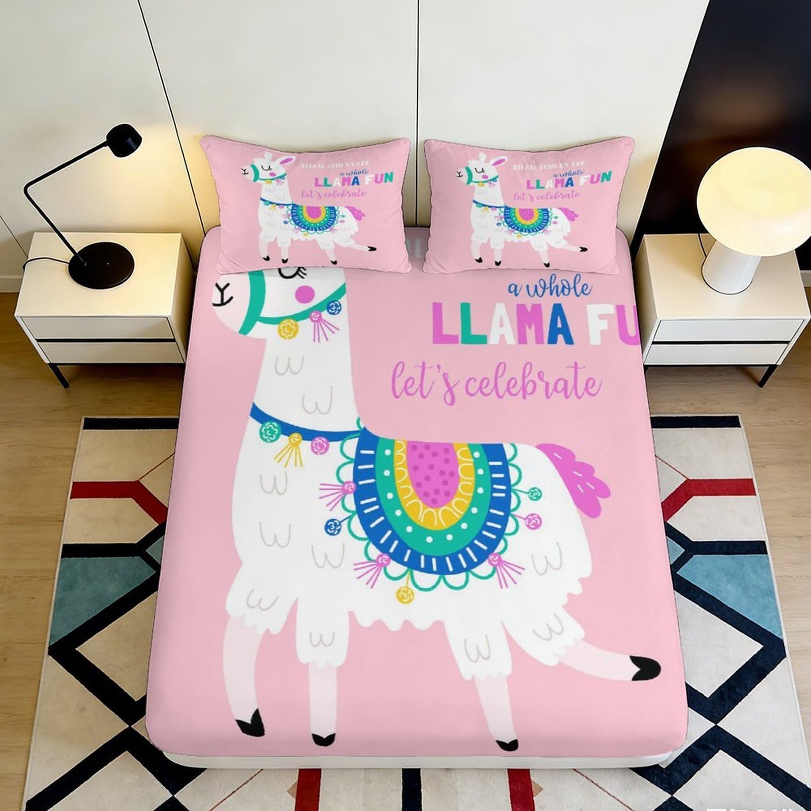 Uxinyoume Style-8 3D Printed Pink Llama Fitted Sheet Microfiber Soft Breathable Colorful Alpaca Bed Cover For Bedroom Dorm Decor Mattress Protection 90X200x25cm