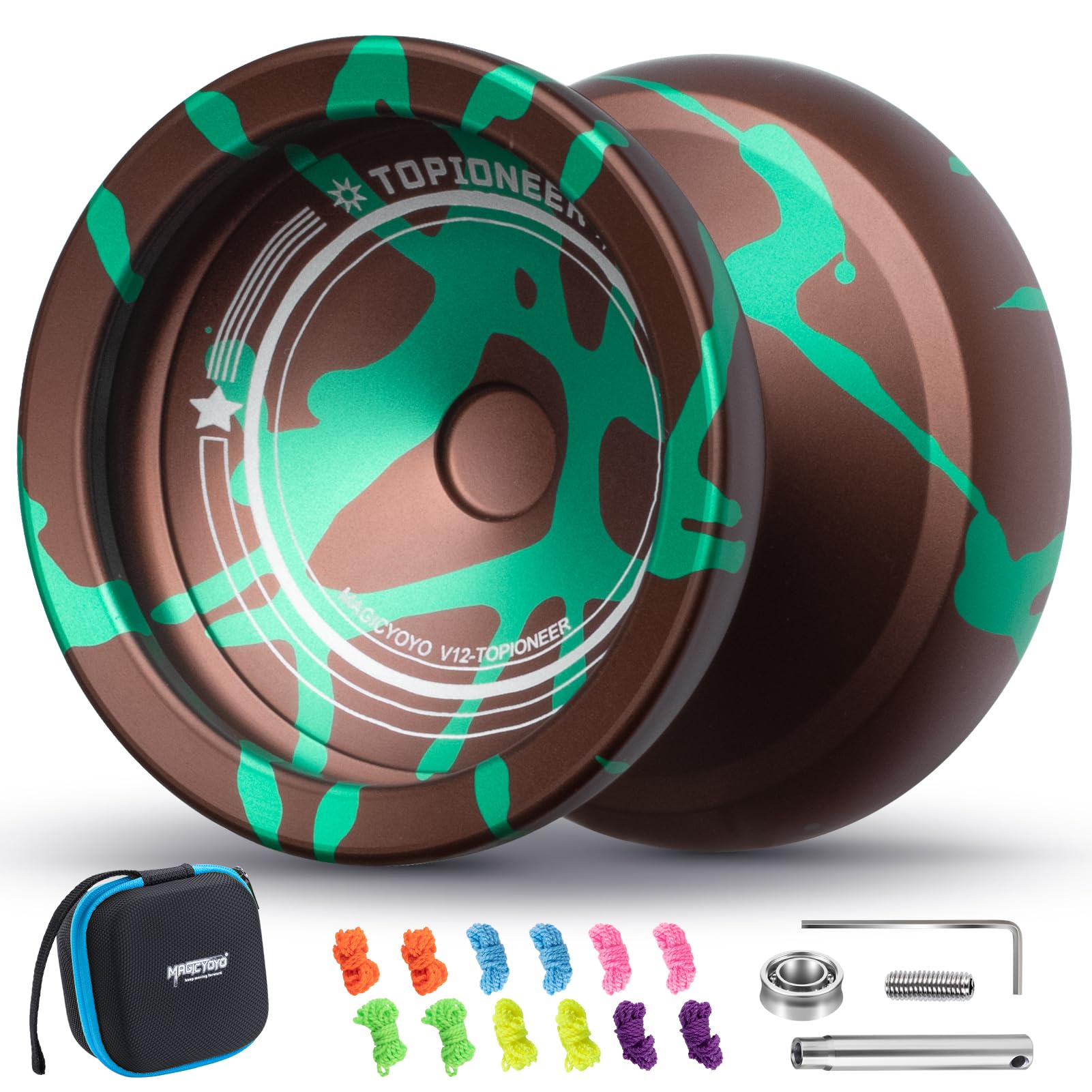 MAGICYOYO Finger Spin Yoyo Professional V12 , Responsive Yo-yo & Unresponsive Yoyo for Kids 8-12 to Adults, Metal Trick Yo yo with 12 Yoyos Strings & Yo-yos Accessory Kit (Brown Green)
