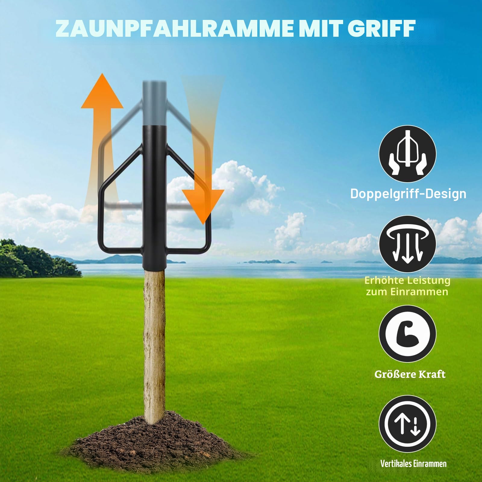Pfahlramme, Ø 76 mm Handramme für Zaunpfähle und Pfosten, 5.5kg Zaunpfahlramme aus Stahl, Pfostenramme zum Einschlagen von Pfosten beim Zaunbau
