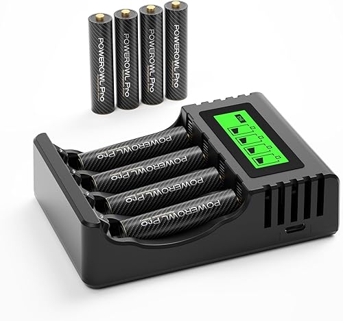 POWEROWL Baterías AAA recargables PRO con cargador de 4 bahías, alta capacidad de 1100 mAh, batería Premium NiMH Triple A -8 unidades