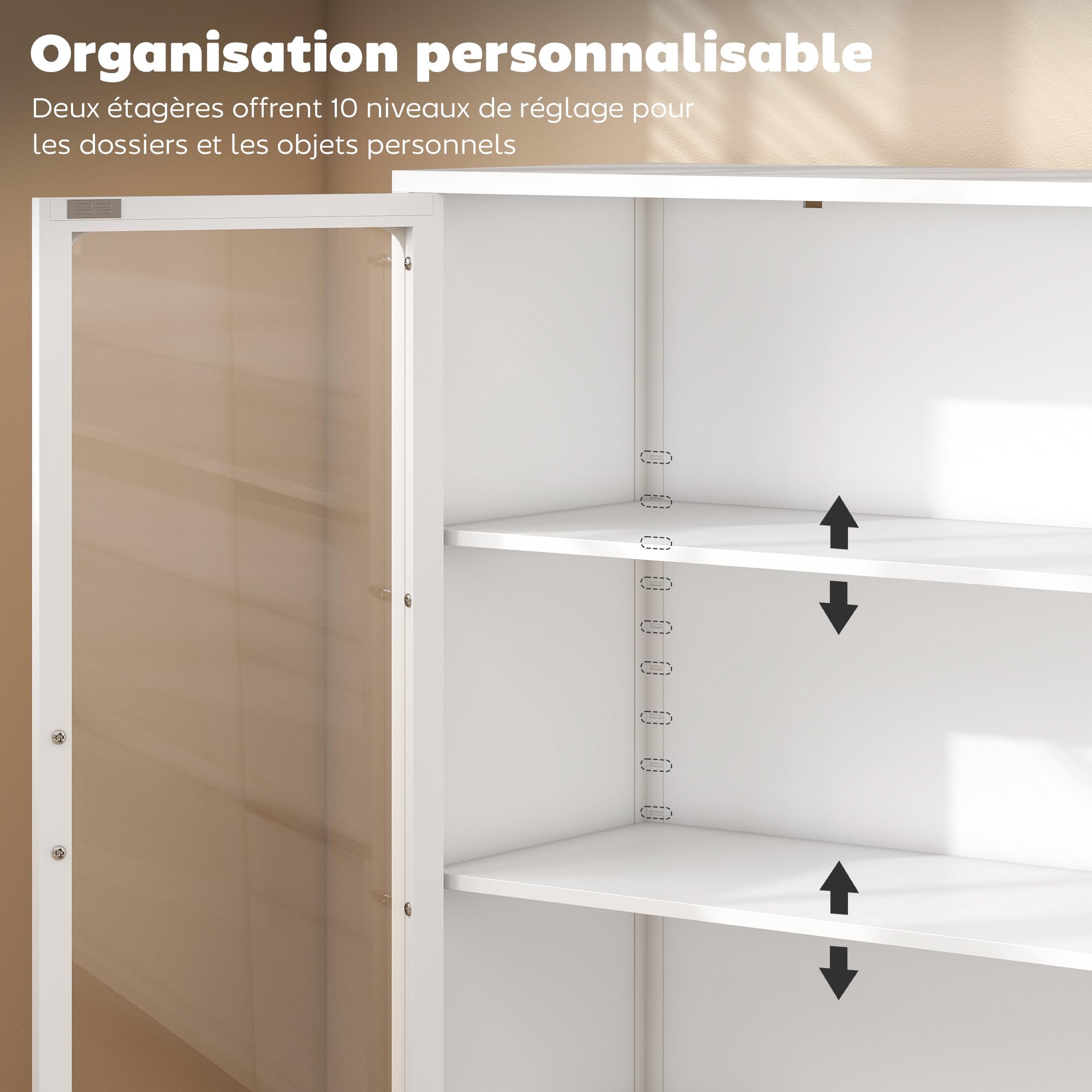 HOMCOM Armoire de Bureau à 3 Niveaux avec 2 Portes en Verre, Meuble de Rangement Bureau en Acier avec 2 étagères réglables, Armoire à dossiers pour Documents et Papeterie, 80 x 40 x 110 cm, Blanc