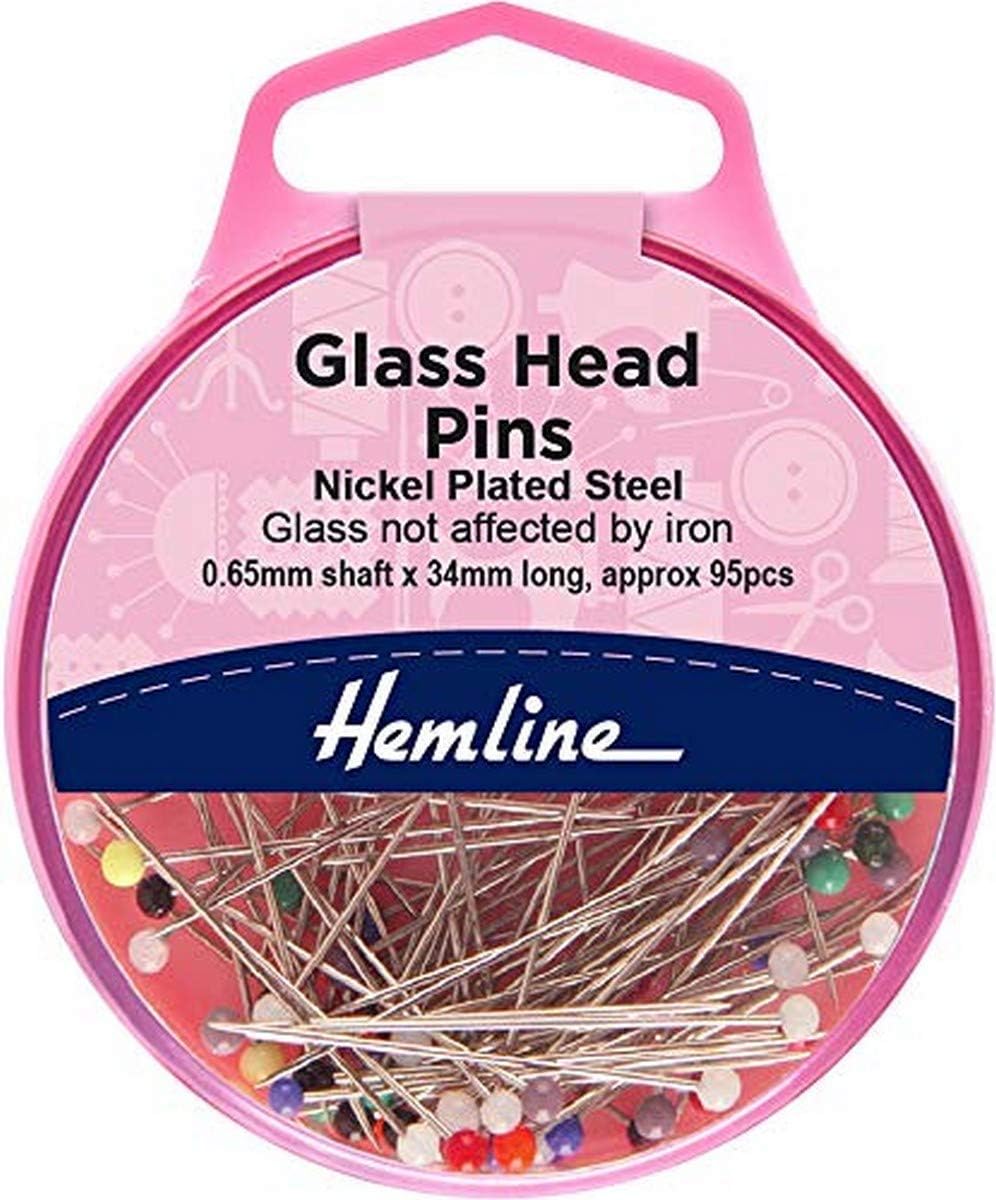 Hemline Glass Headed Pins, 34mm, 10G, 0.65mm Thick