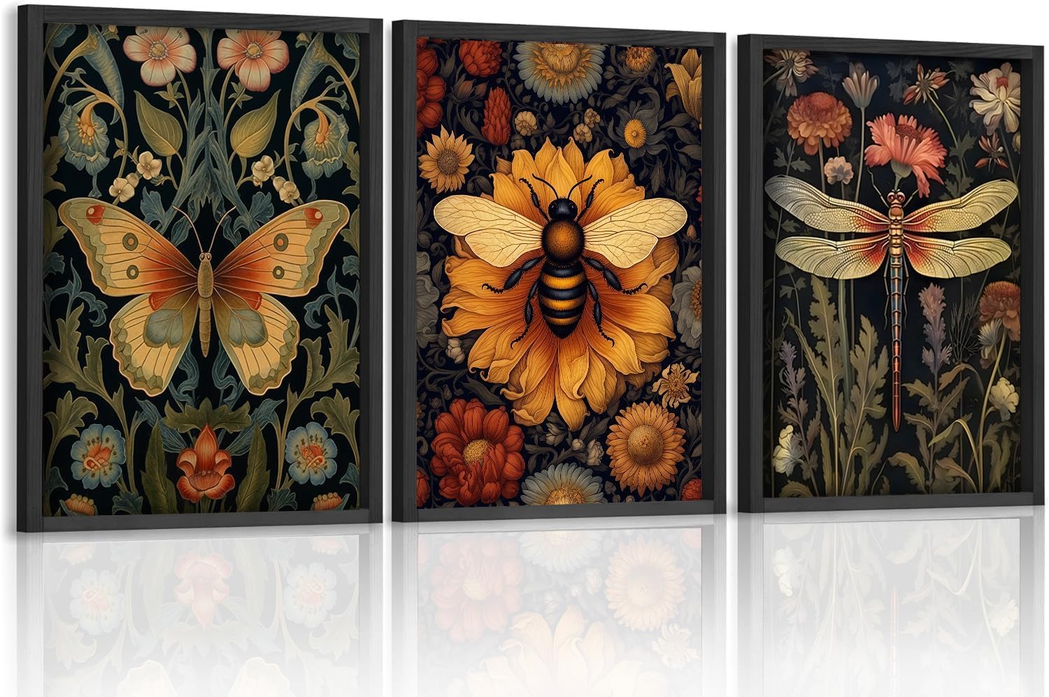 Lianyibo Frameless 3 Pcs William Morris Canvas Wall Art For Home Decor Bee Dragonfly Butterfly Painting Poster Living Room Bedroom Decor(60X80x3/Frameless)