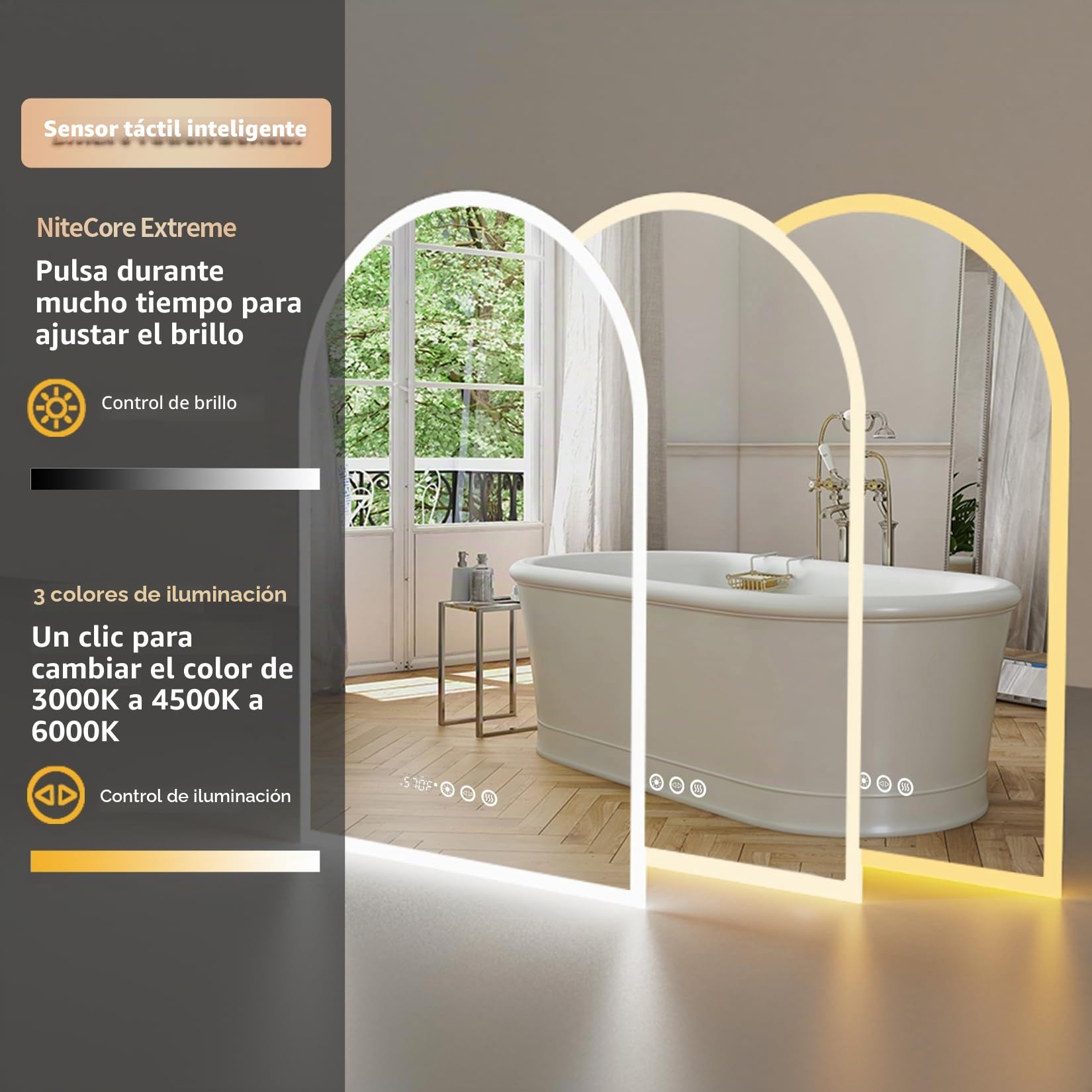 LUVODI Espejo de baño con iluminación: espejo de baño Smart LED con 3 interruptores táctiles, reloj, estación meteorológica, sin vaho, espejo de pared, espejo de cuerpo entero, 90 x 60 cm