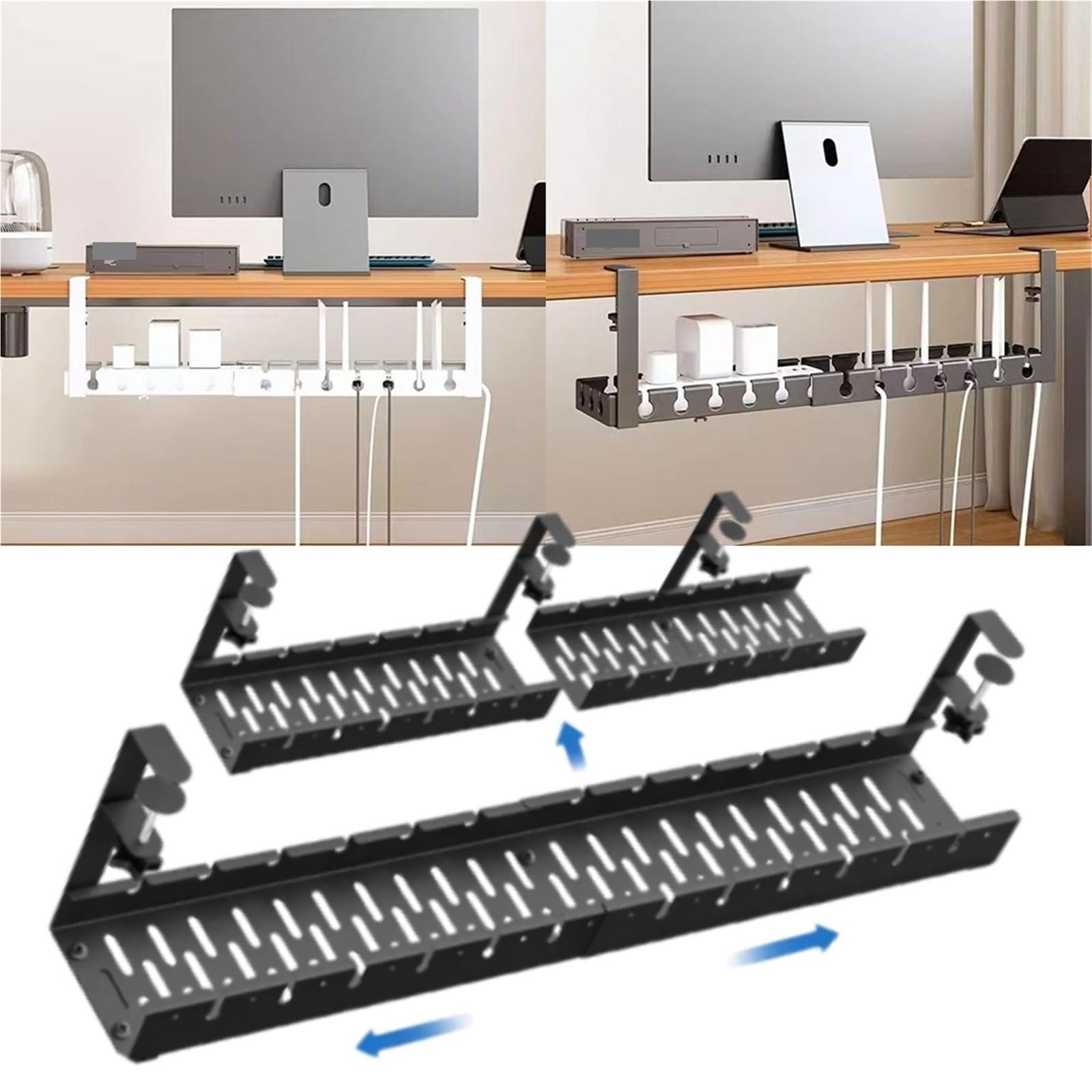 Kabelkanal Schreibtisch Kein Bohren unter dem Schreibtisch, Kabelmanagement-Tablett, einziehbare Kabel-Organizer im Home-Office-PC-Router-Aufbewahrungsregal Zur Aufbewahrung(Flexible White)